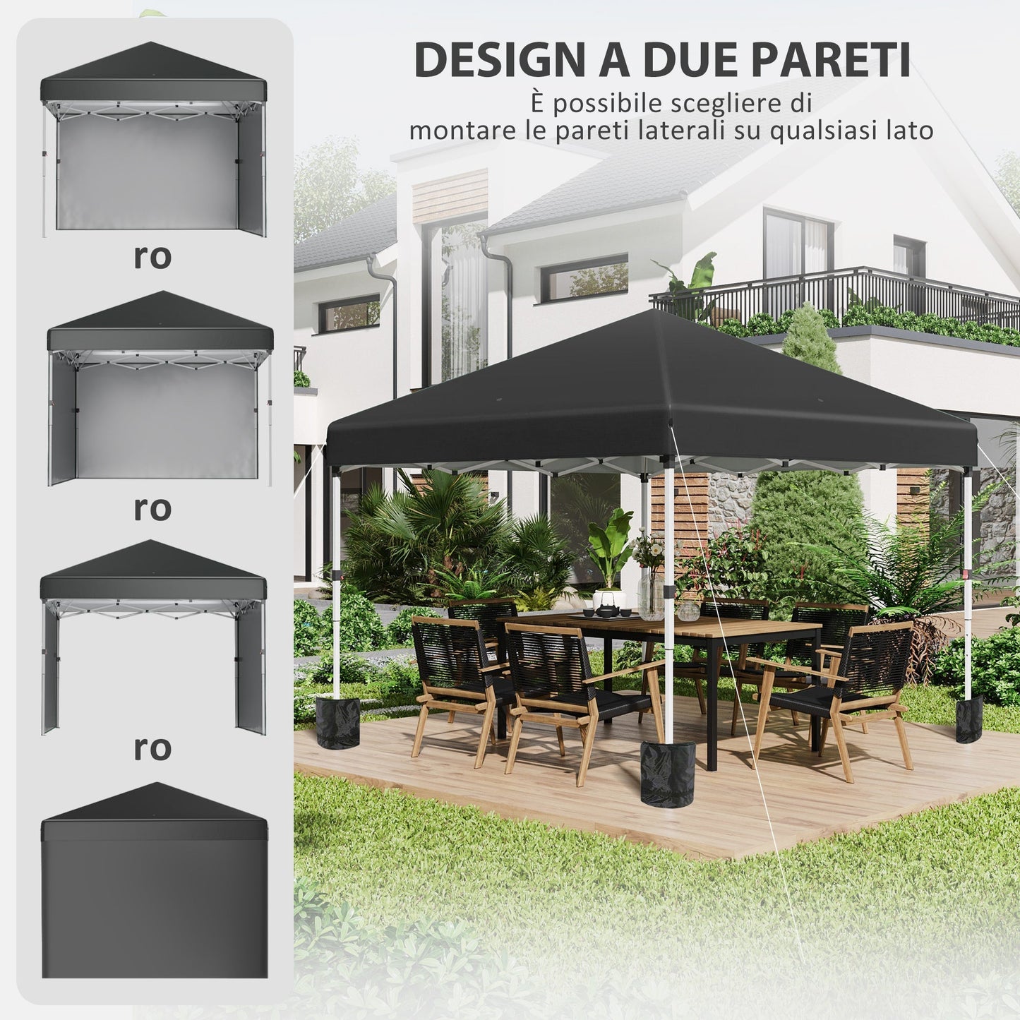 Height-Adjustable Pop Up Foldable Garden Gazebo with 2 Walls and Bag Included, 297x297x274 cm, Black - Borgè