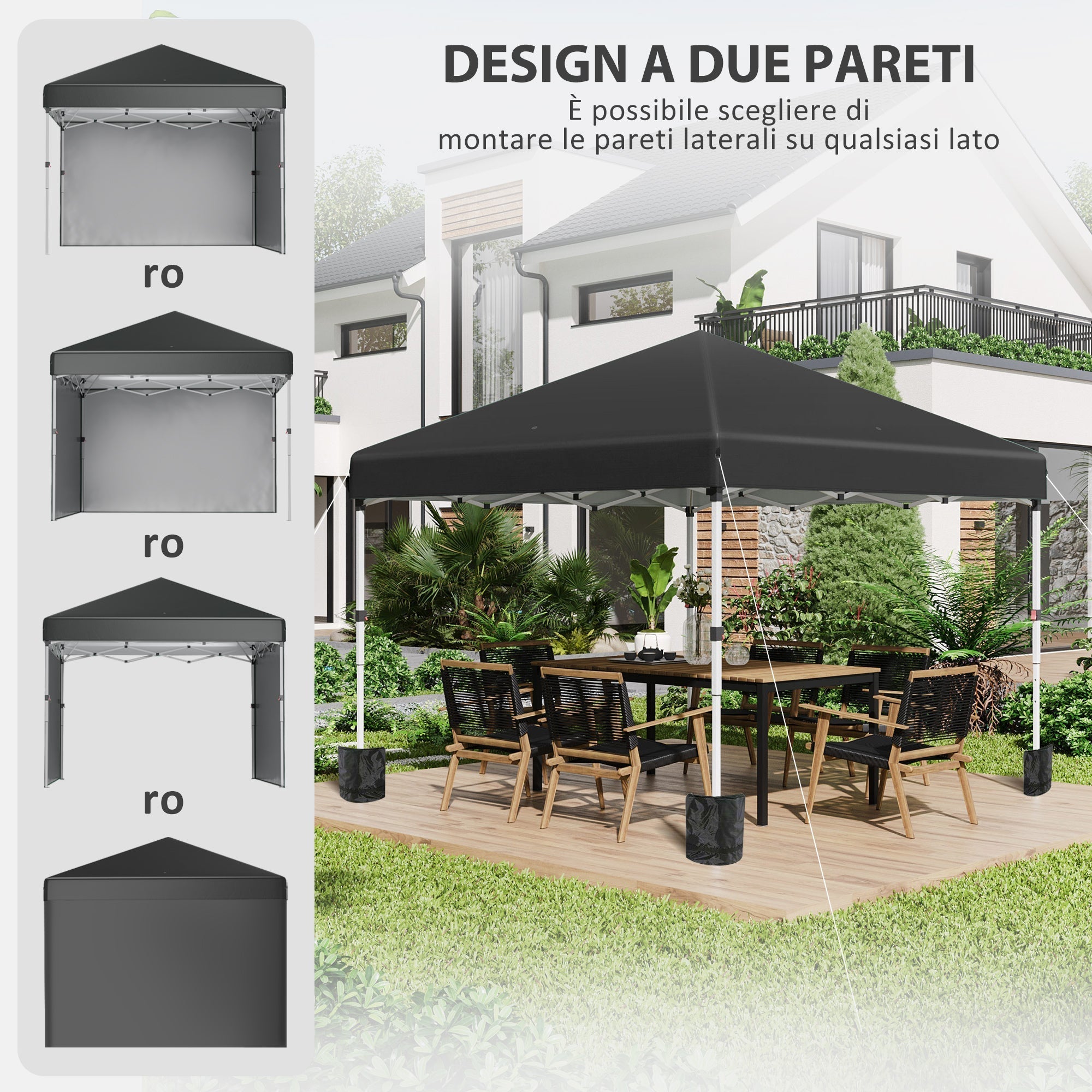 Height-Adjustable Pop Up Foldable Garden Gazebo with 2 Walls and Bag Included, 297x297x274 cm, Black - Borge' Group Limited