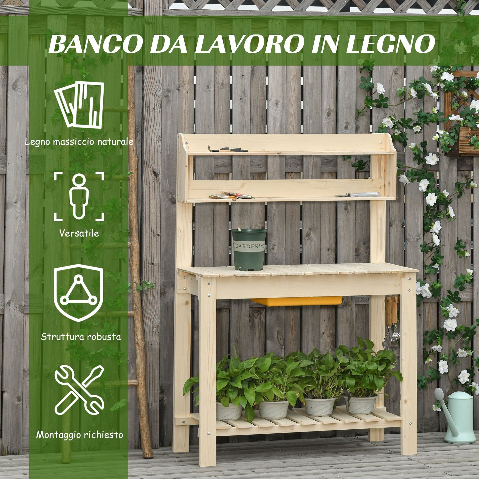 Outsunny work bench for natural wood gardening with integrated tray, shelves and hooks 100x40x140cm - Borgè