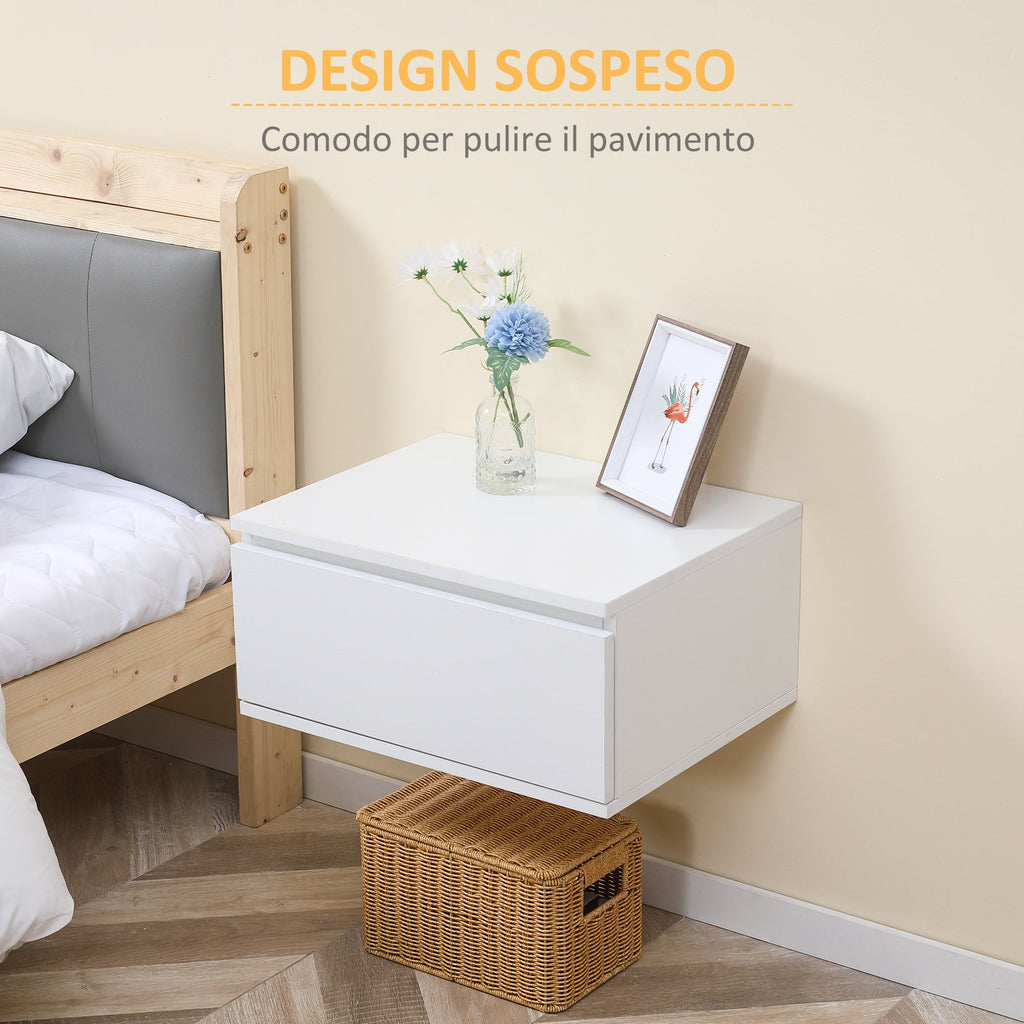 bedside table set 2 pieces with drawer and design suspended in chipboard and mdf, 49x38x23 cm, white - Borgè