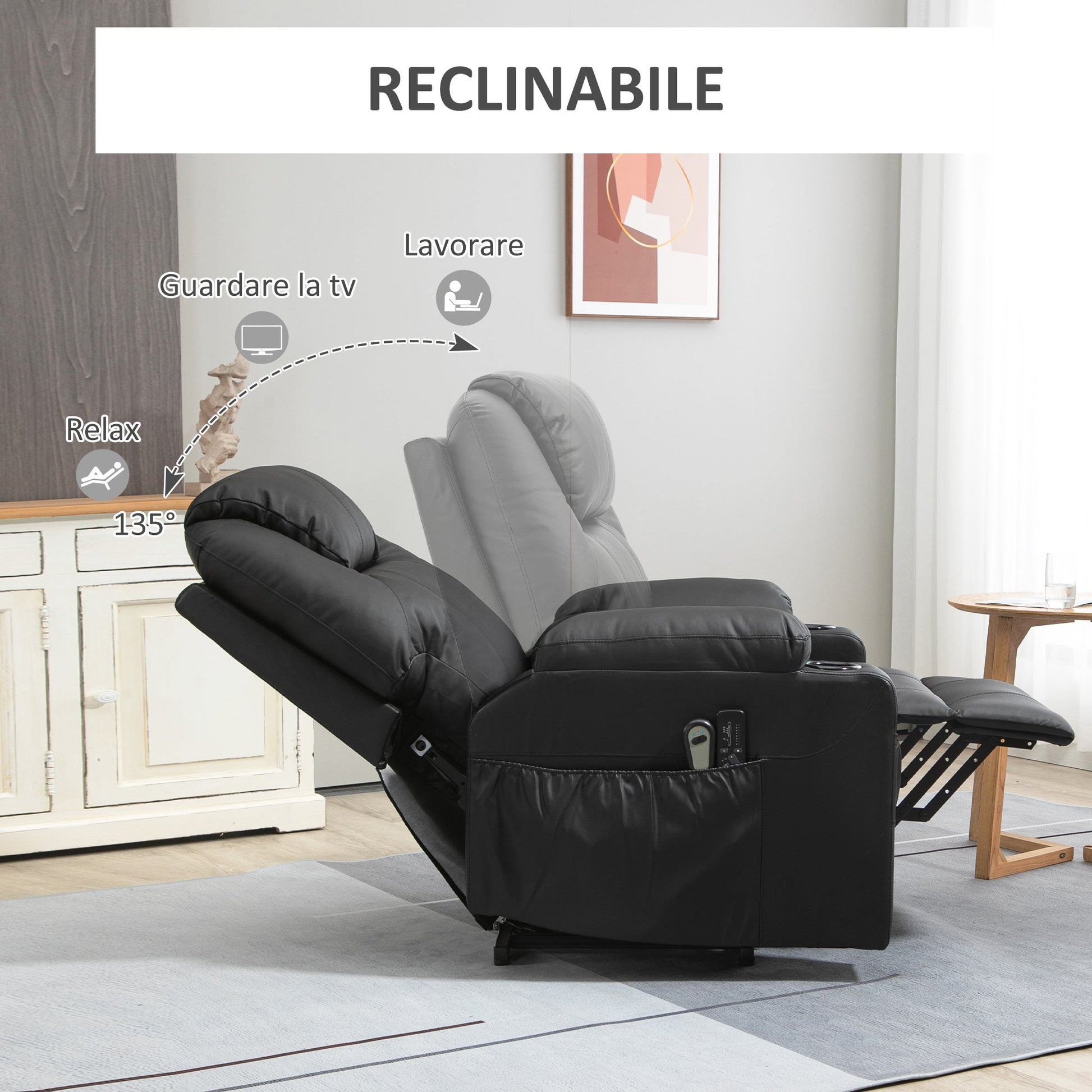 Ultimate Comfort: Reclining Lift Chair with 8 Massage Points & Footrest - Black (88x92x106 cm) - Borgè