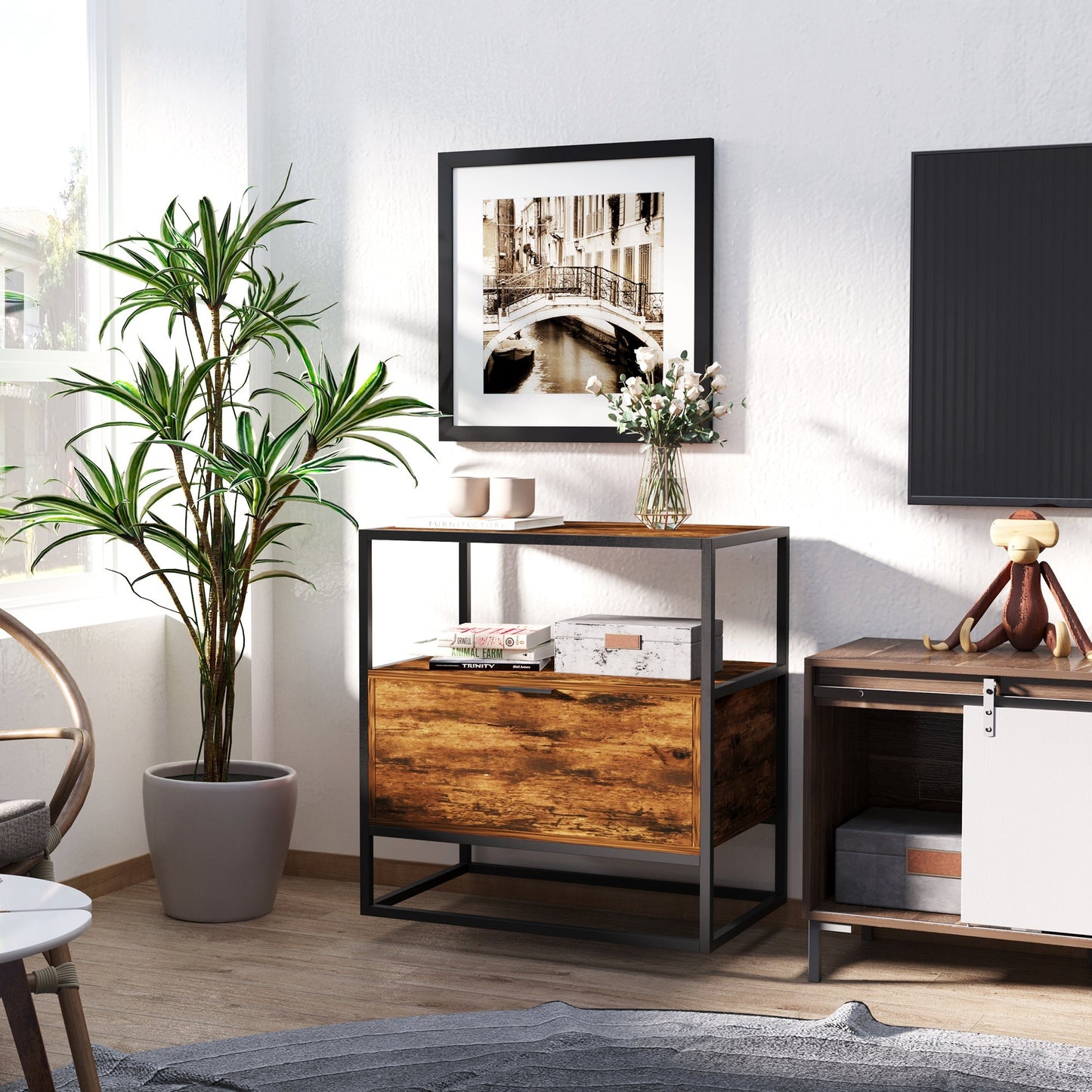 industrial style belief, wooden and metal vintage dresser for living room or room with 1 drawer 73x45.5x76cm - Borgè