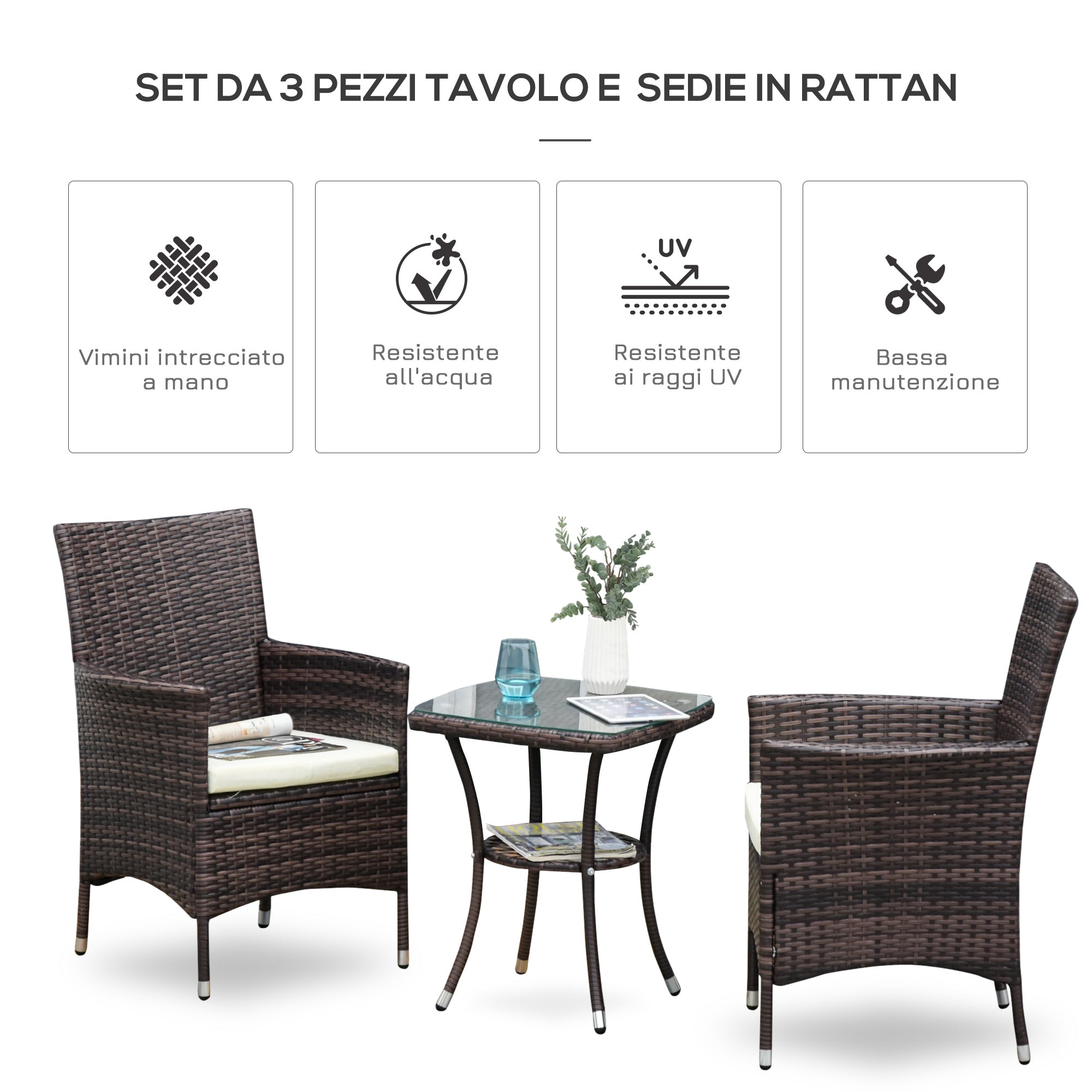 Rattan Garden Furniture Set, 3-Piece Table and 2 Chairs with Cushions, Brown - Borge' Group Limited