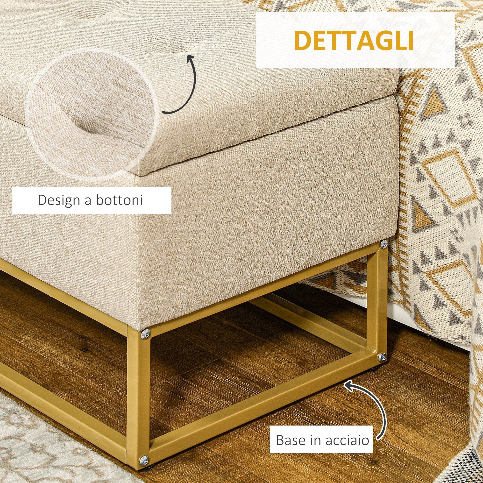 Homcom bench with quilted polyester container with gold steel legs, 110x44x48cm, beige - Borgè