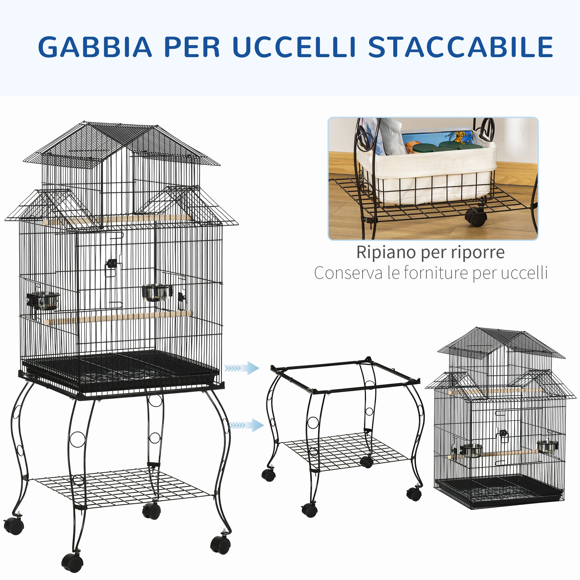 Indoor Wooden Bird Cage with Tray, 4 Wheels and Perch, 50x49x137cm - Borge' Group Limited