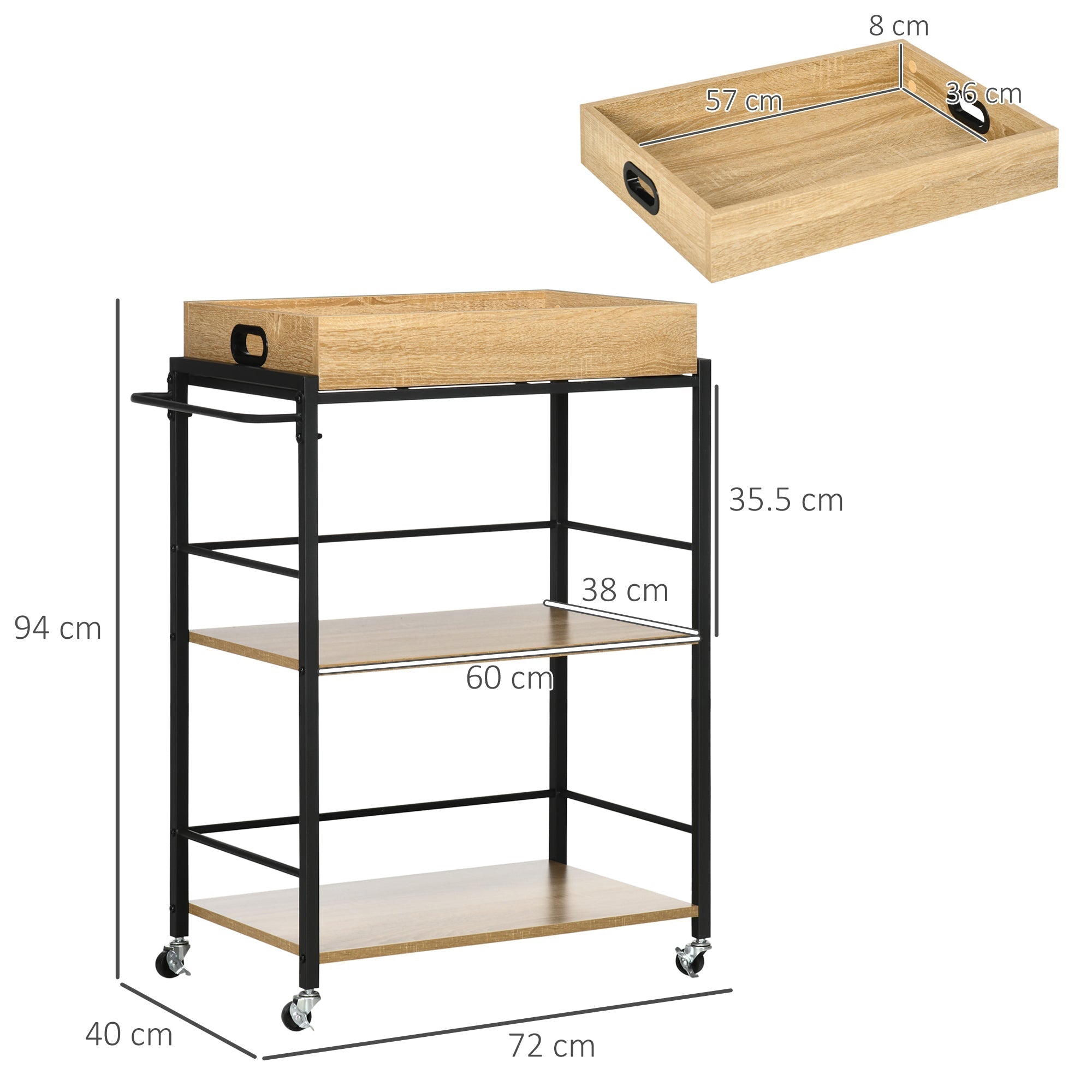 kitchen trolley with 3 shelves with removable tray and swivel wheels, 72x40x94cm, wood and black - Borgè