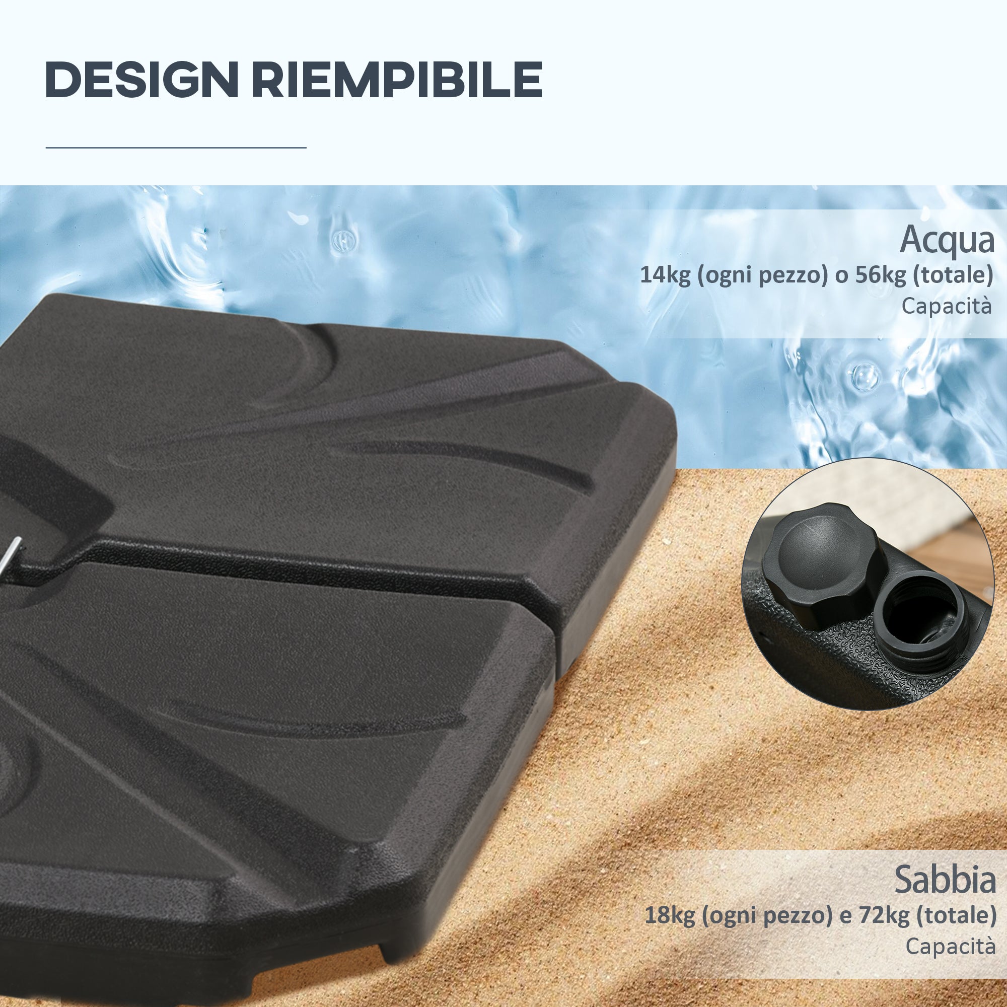 4-Piece HDPE Umbrella Base, Fillable with Water and Sand max 18kg, 103x103x8.3 cm, Black - Borge' Group Limited
