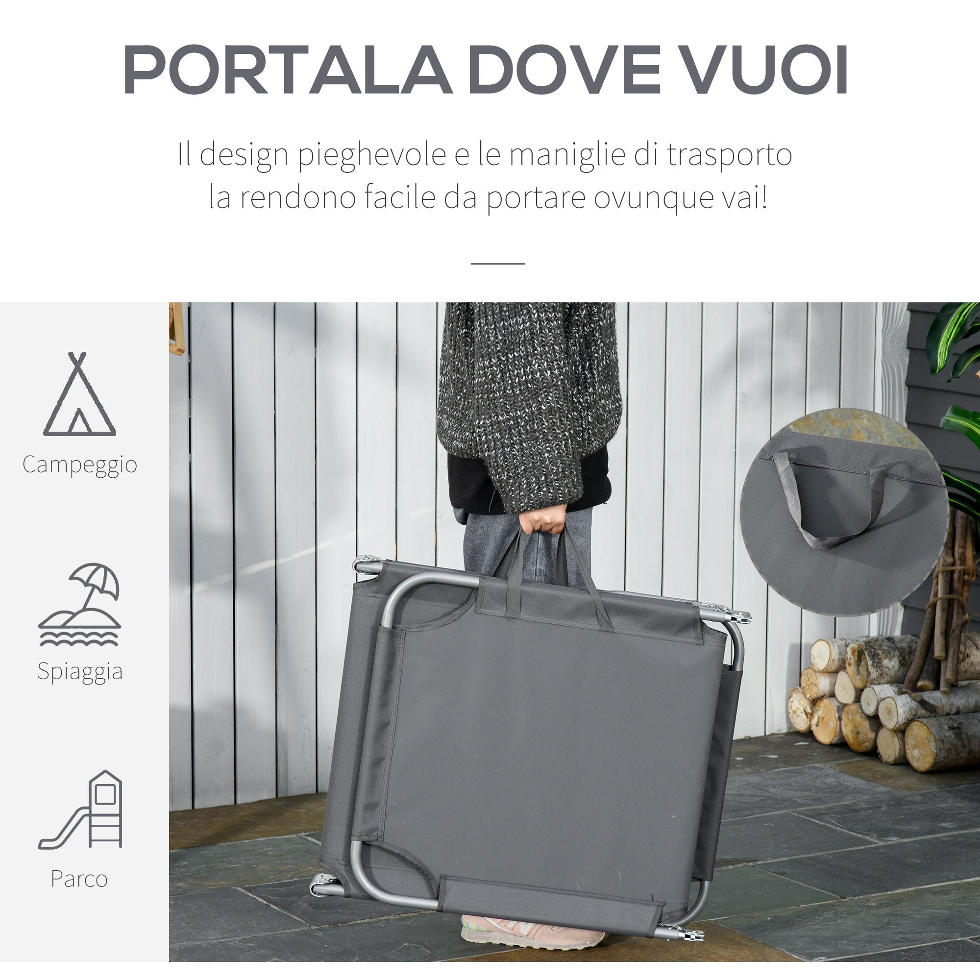 Garden Lounger with 5-Position Adjustable Backrest, Folding Metal and Oxford Fabric Lounger, 187x55x24cm, Grey - Borge' Group Limited