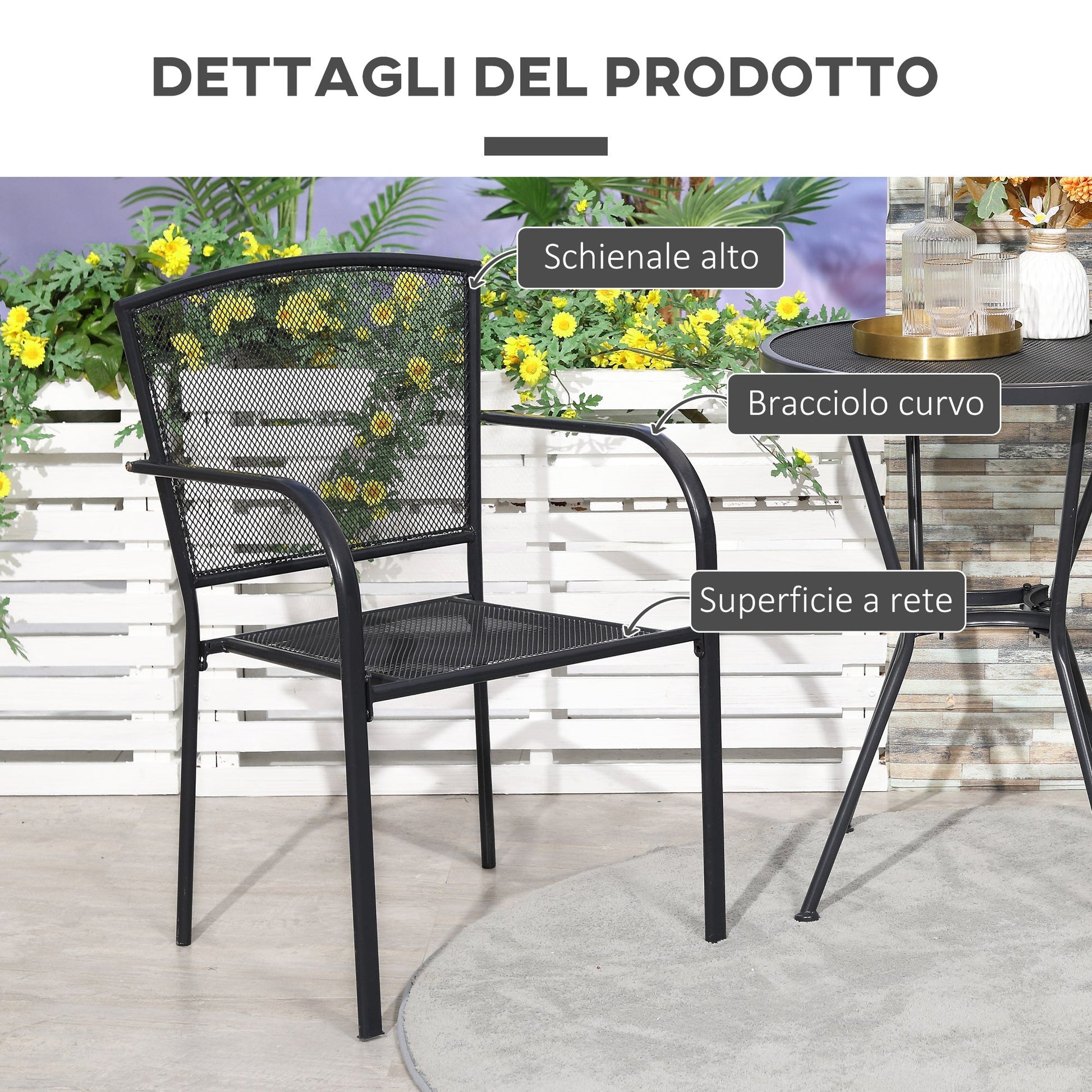 Outsunny set 2 metal garden chairs, for courtyard, patio and terrace, black - Borgè