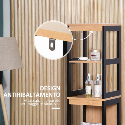 Kleankin Bathroom column with 2 drawers and 3 open rooms in MDF wood and bamboo 30x30x144.3 cm - Borgè