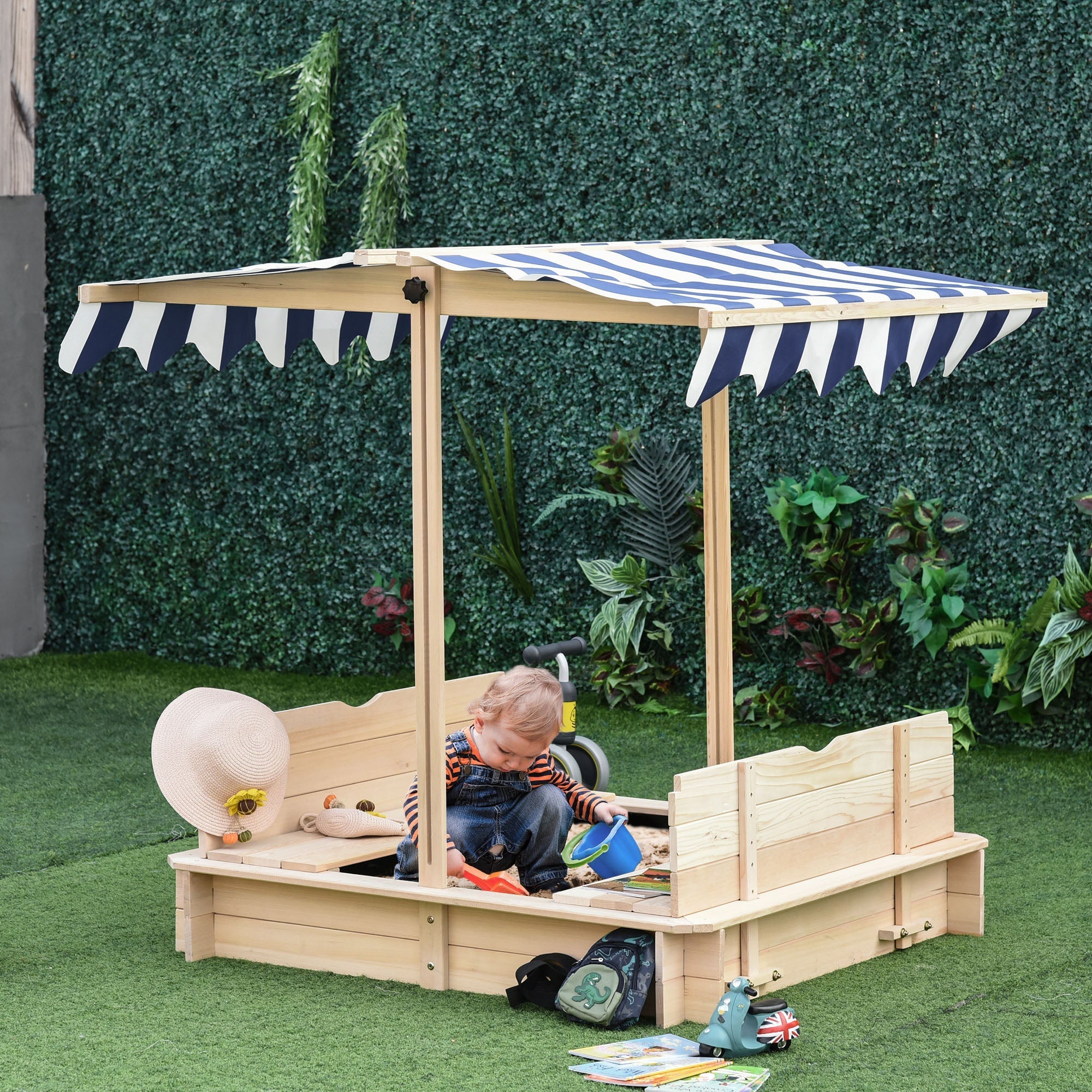Outsunny Sabbiera For Children in Wooden With Core Parasoles, Bench And Cover, 106x106x121cm White and blue - Borgè