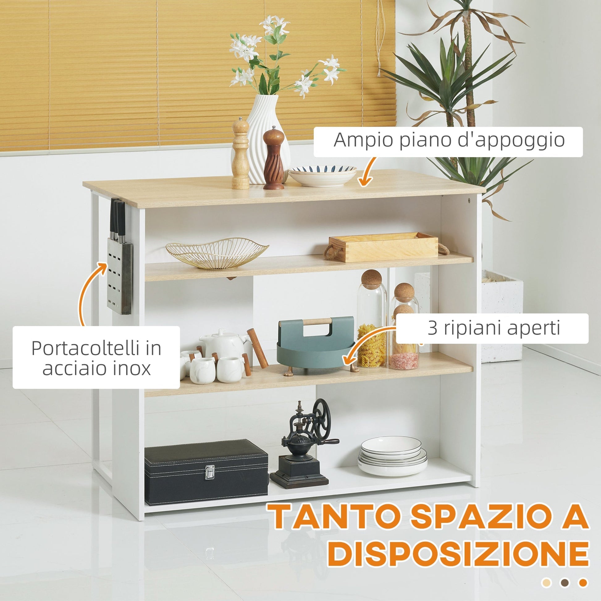 kitchen island with 3 modern style shelves and brings steel knives, 105x65x90 cm white - Borgè