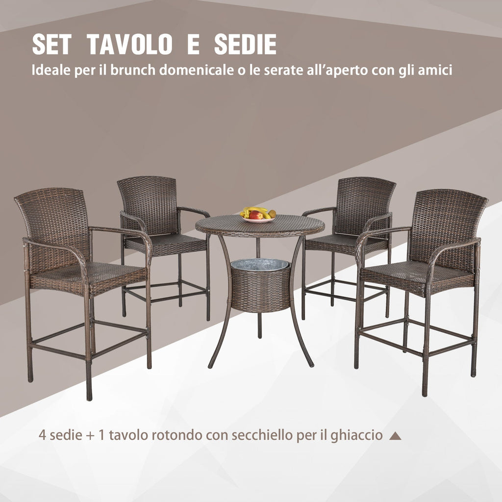 BUDAPEST |  5 Piece Garden Table and 4 High Chairs Set in Synthetic Rattan with Ice Bucket, Brown - Borge' Group Limited