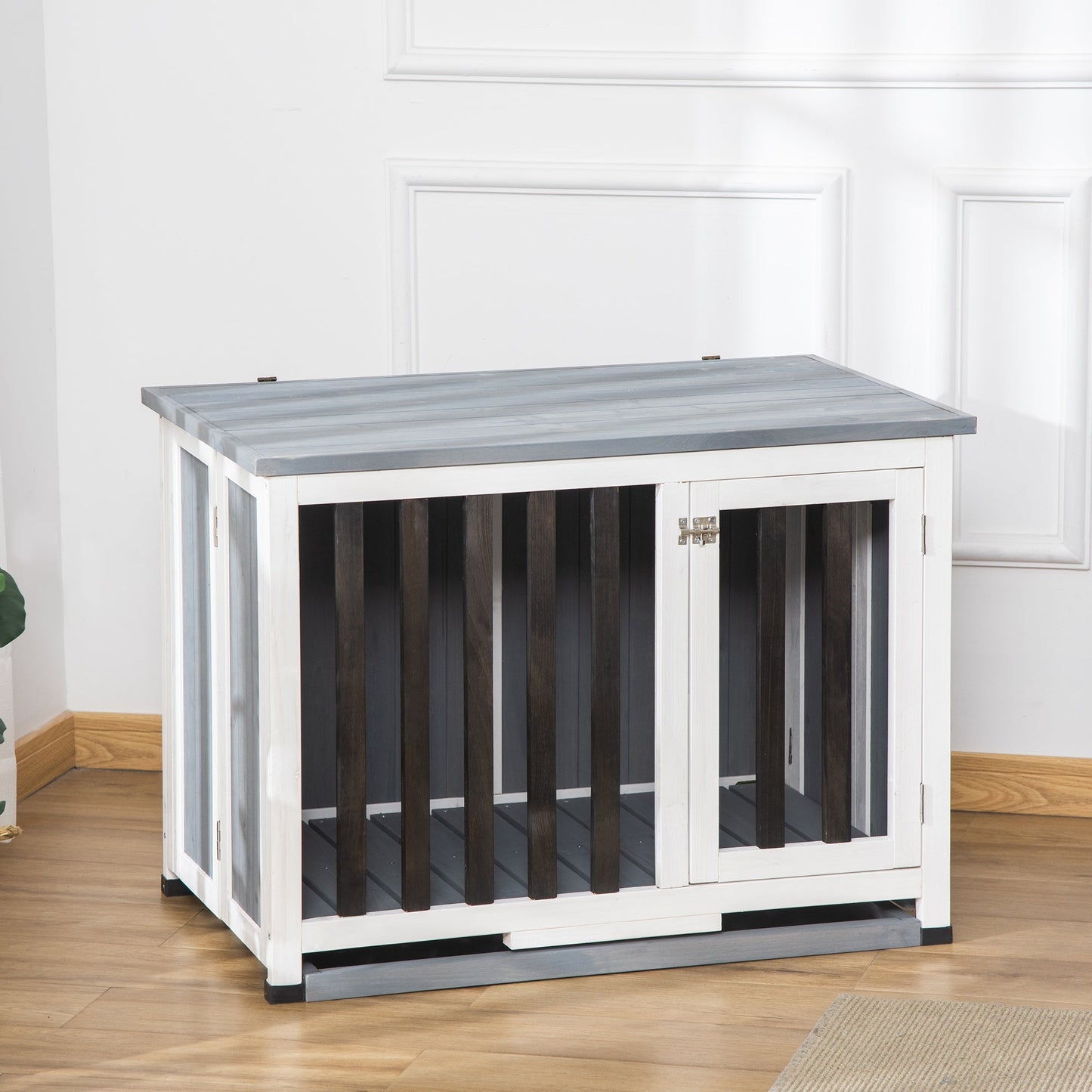 PAWHUT Folding cage for dogs up to 15kg in wood with removable tray and opening roof, Grey