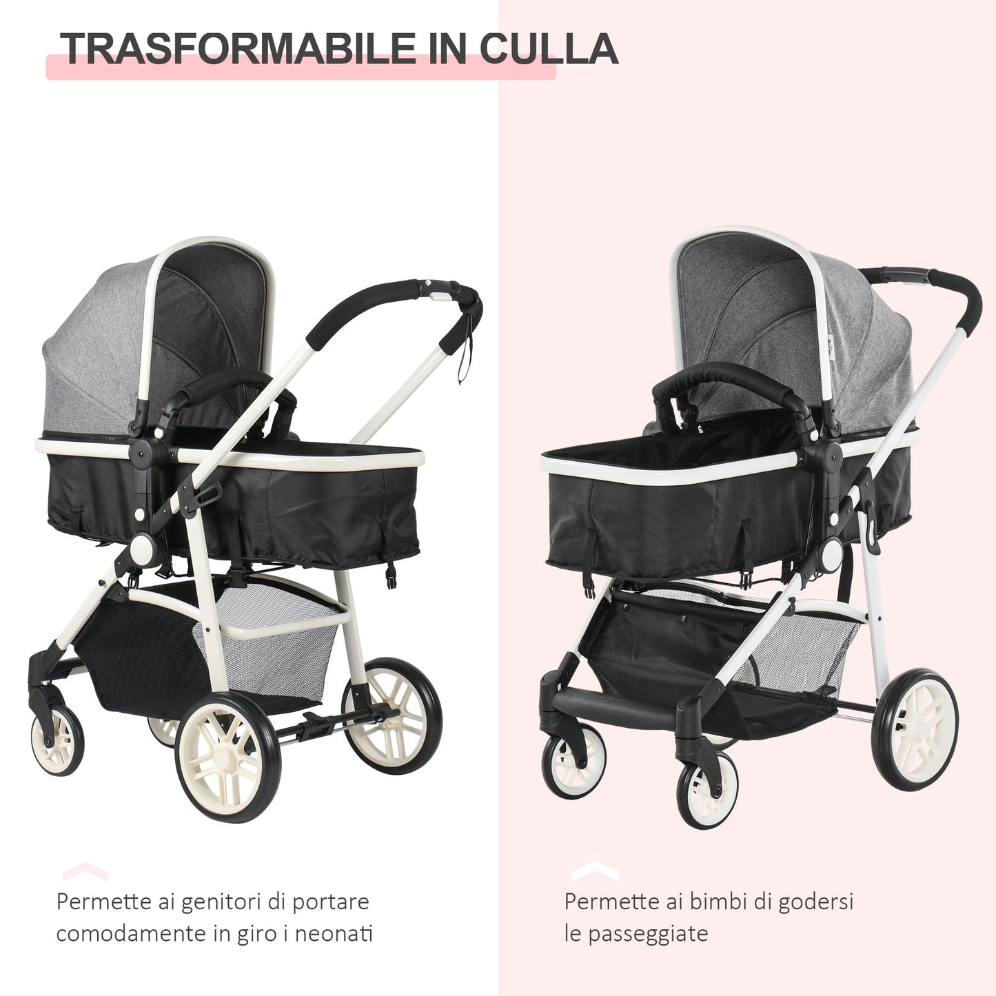 Pram 2 in 1 stroller, for children 0-36 months up to 15kg, folding and adjustable Grey - Borgè