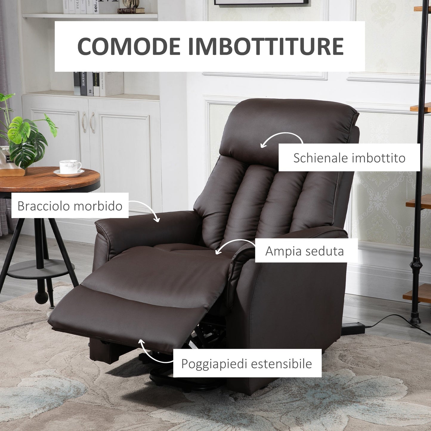 Reclinable Brown Armchair with Lift Assist, Footrest and remote control