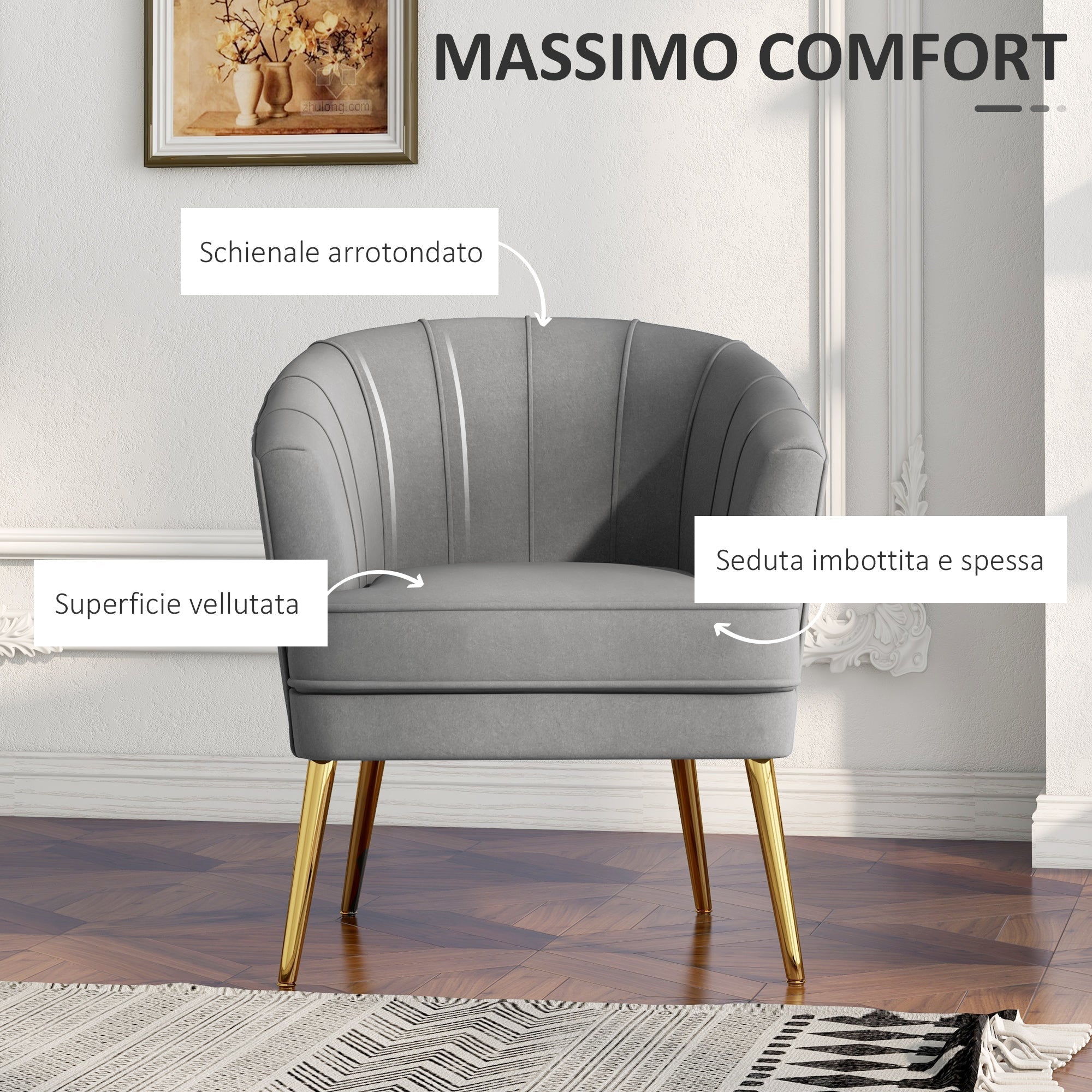 Homcom velvet armchair with golden legs in polyester and steel legs, 71x72x75cm, gray - Borgè
