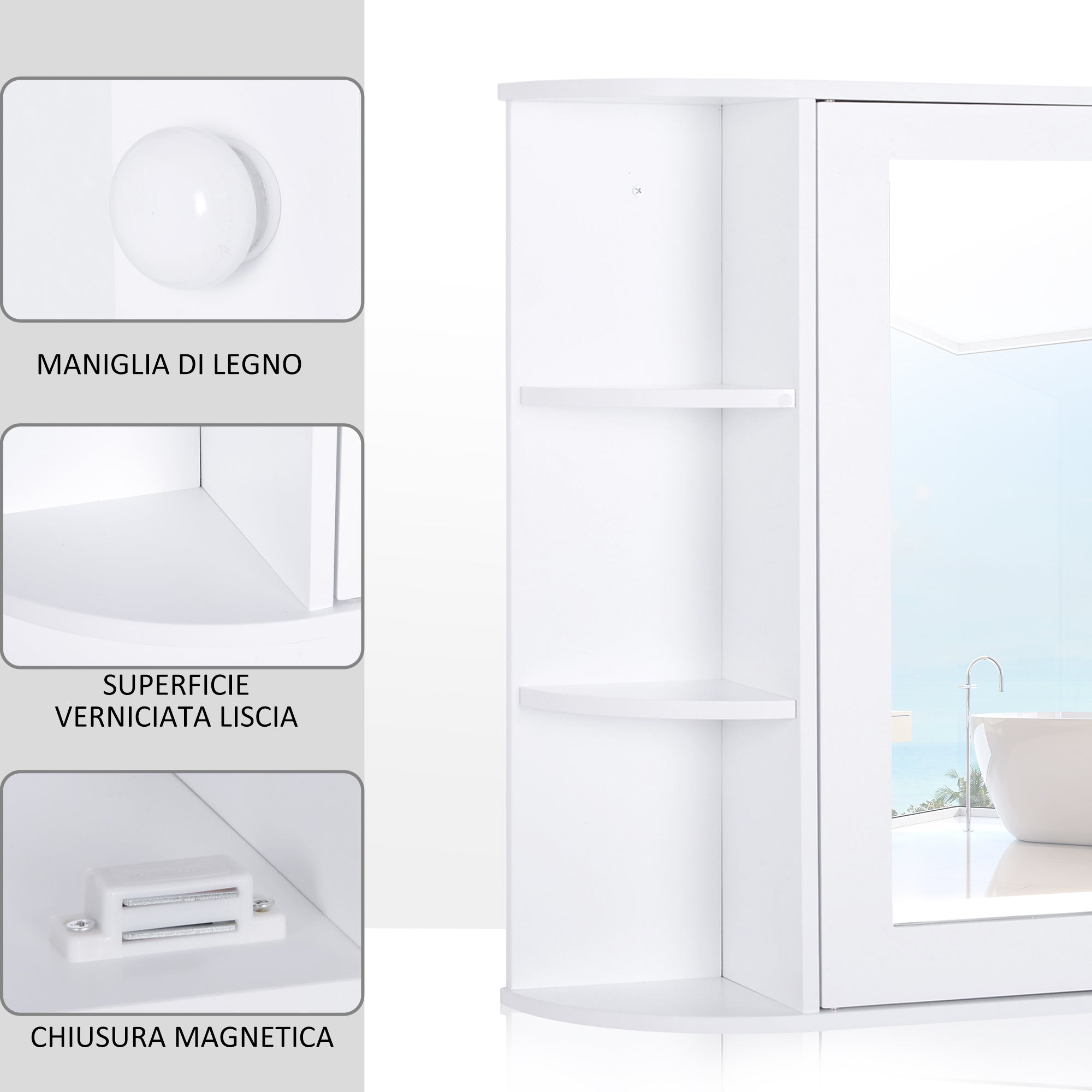 Wall cabinet with mirror and shelves for white wooden bathroom 66 x 17 x 63 cm - Borgè