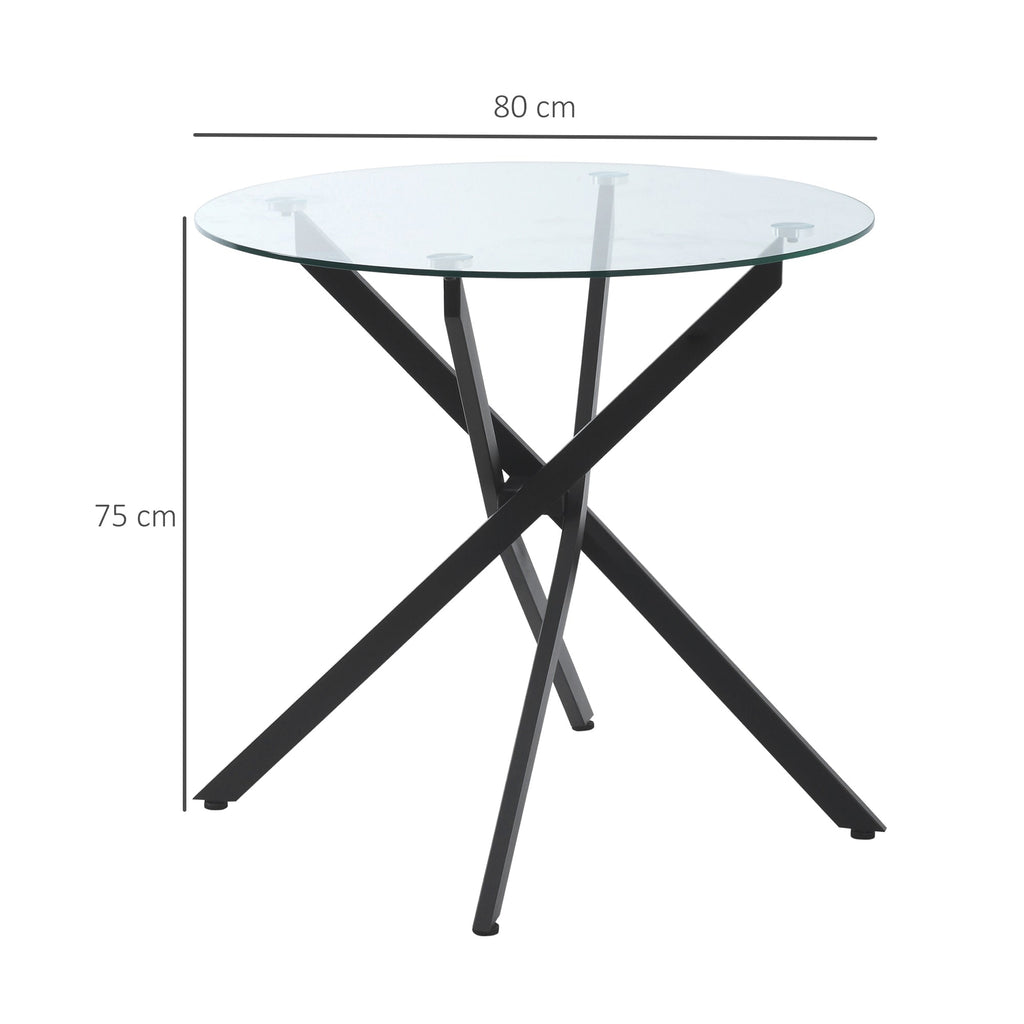 Round glass table and crossed metal legs, modern table for living and study, 80x80x75cm, black - Borgè