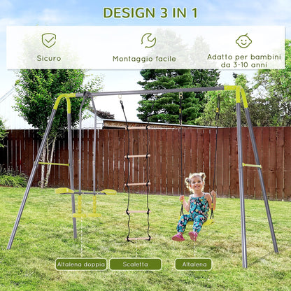 children's playground with Cavalluccio swing and scaletta in resistant metal structure, green - Borgè