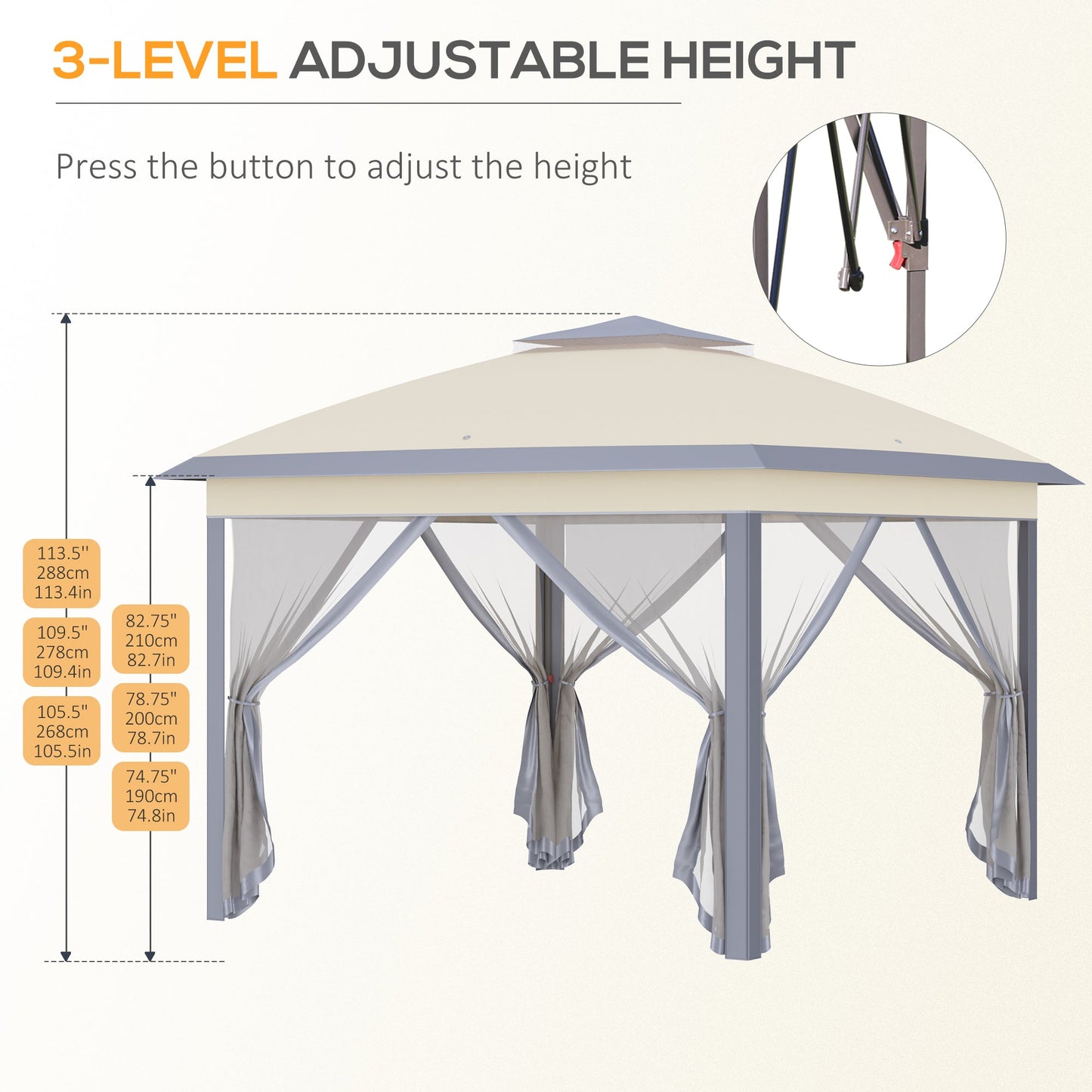 Pop Up Gazebo, Double Roof Foldable Canopy Tent with Zippered Mesh Sidewalls, Height Adjustable and Carrying Bag, Event Tent for Patio Garden Backyard, Beige 330x330x288cm - Borgè