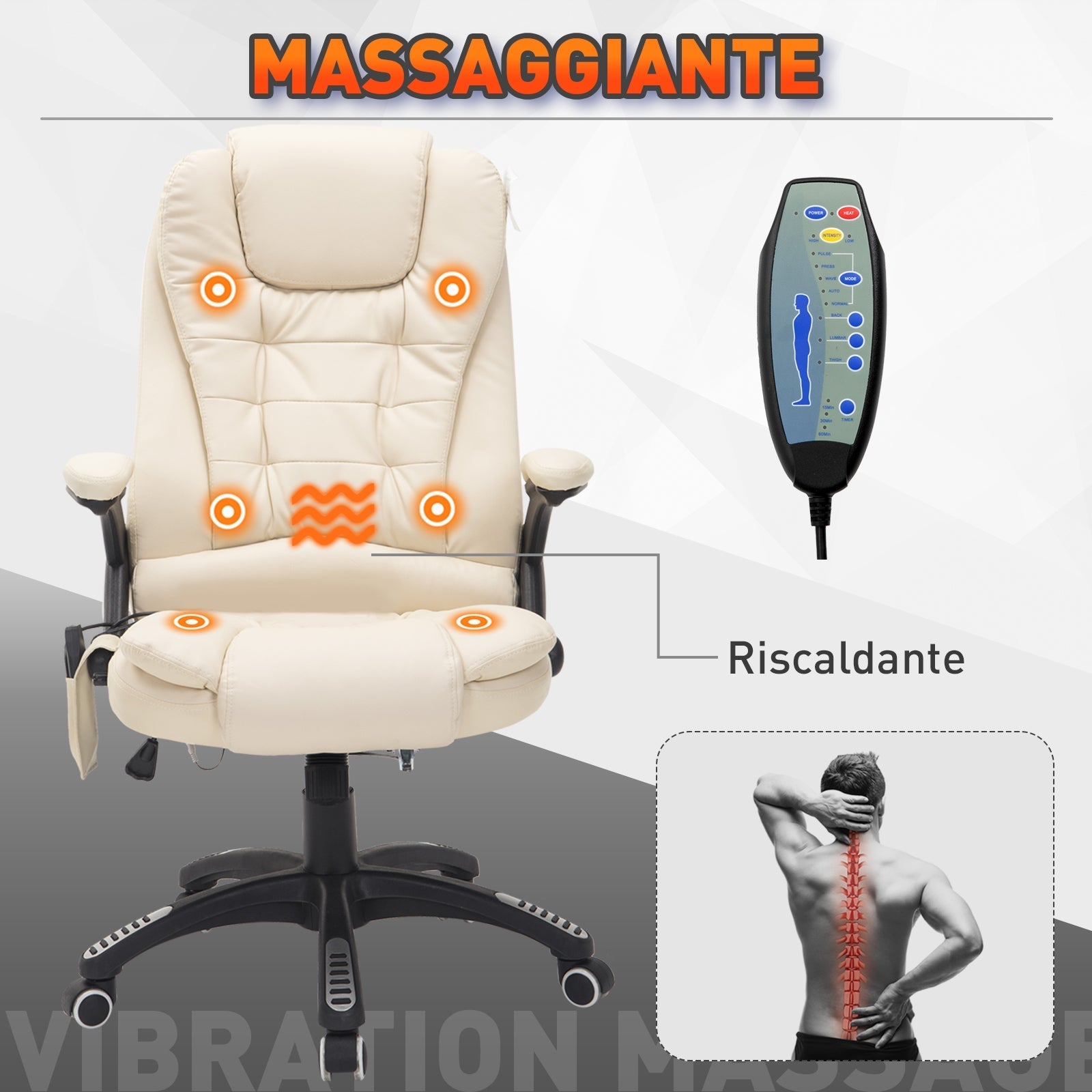 Massegoing office armchair with eco-leather heating, beige, 62x68x111-121cm - Borgè