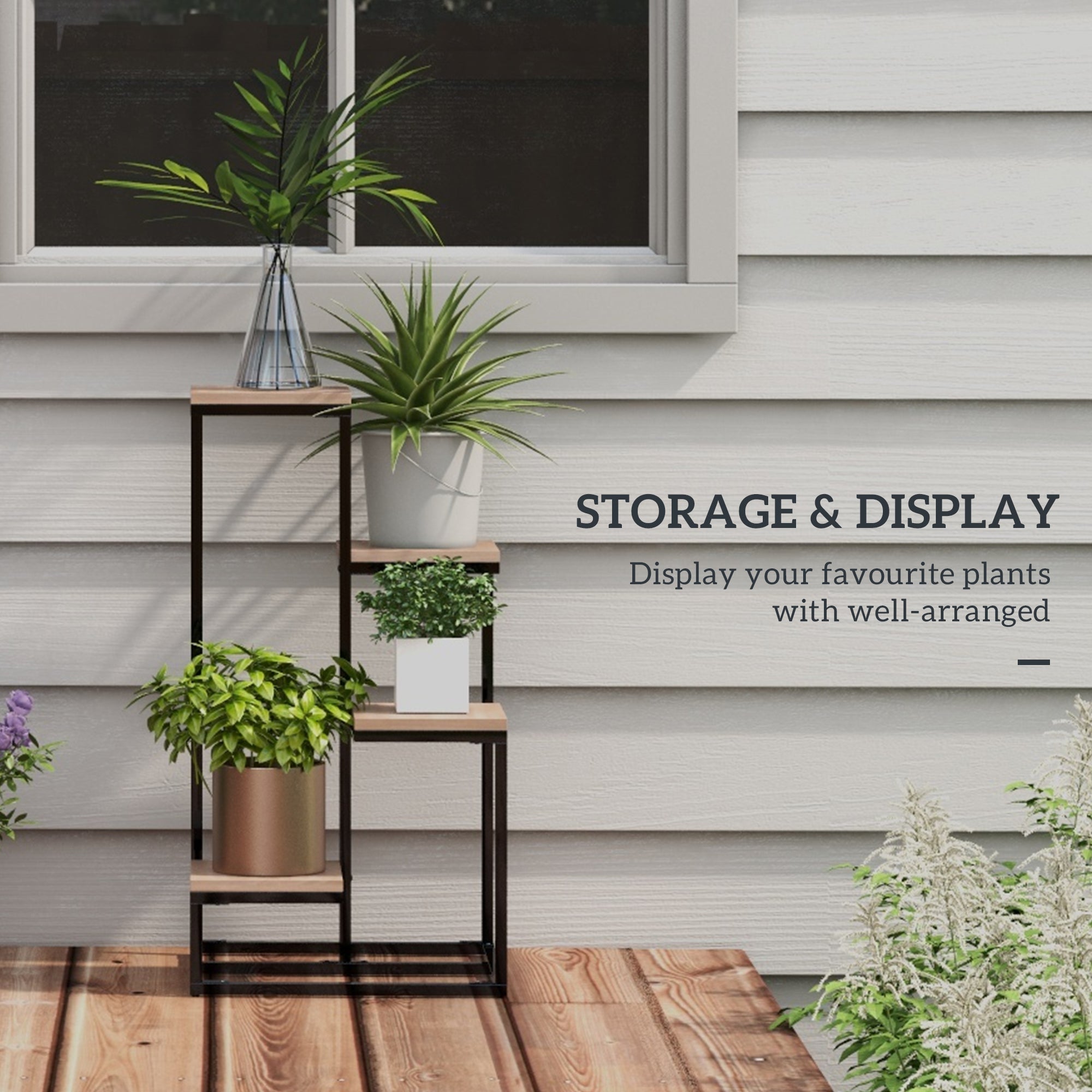 Outsunny shelf for 4 -level plants in steel and wood, 40x40x75.5 cm, brown and black - Borgè