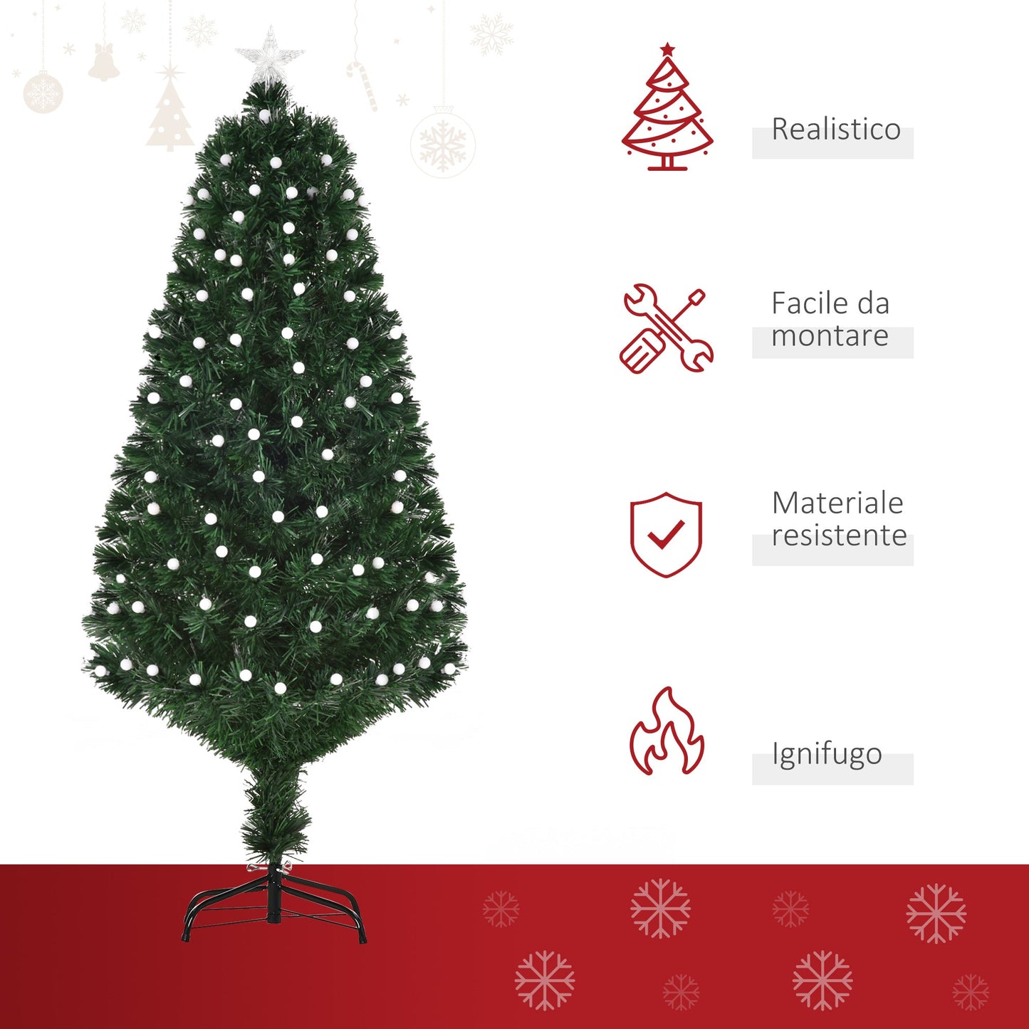 Artificial Christmas tree with LED lights and optical fibers and Folding Metal Base 150cm - Green - Borgè