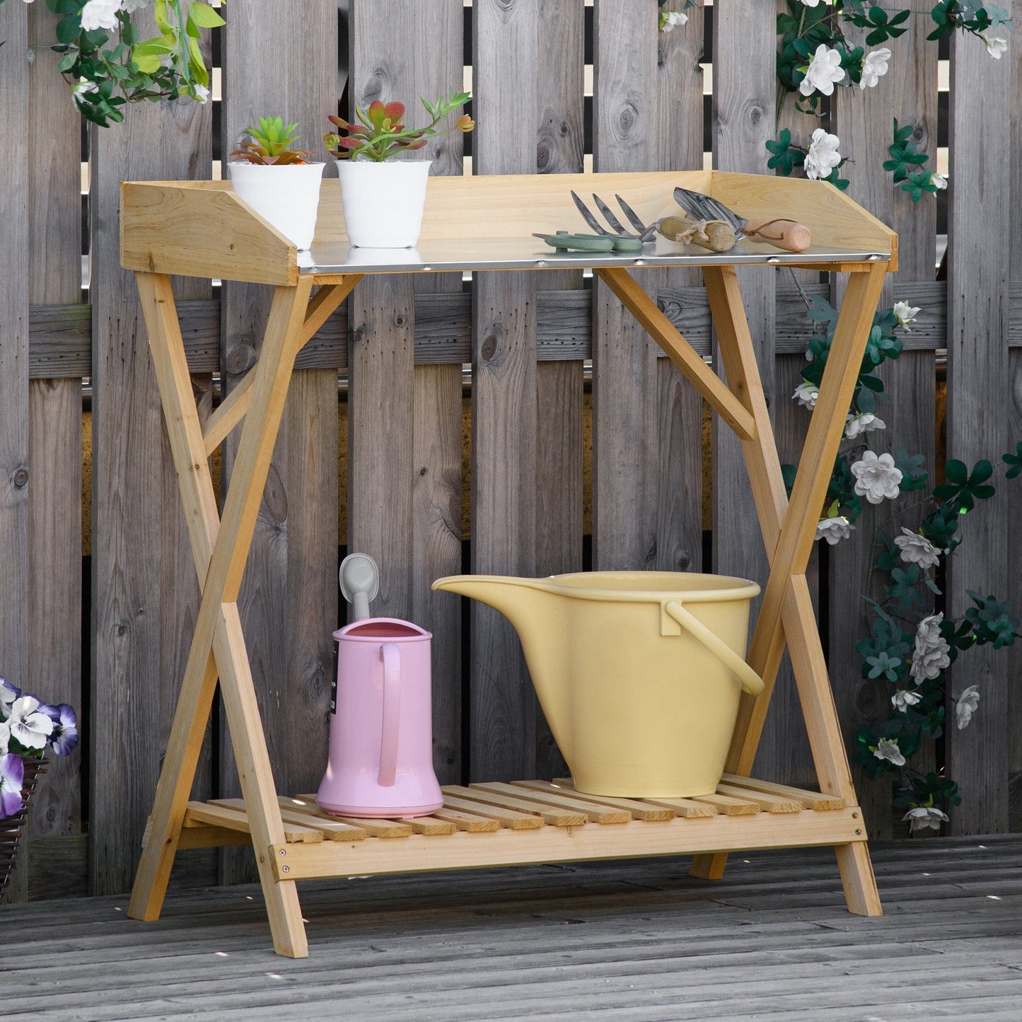 Outsunny gardening table with anti -rust metal top and storage shelf, 80x40x84cm - Borgè