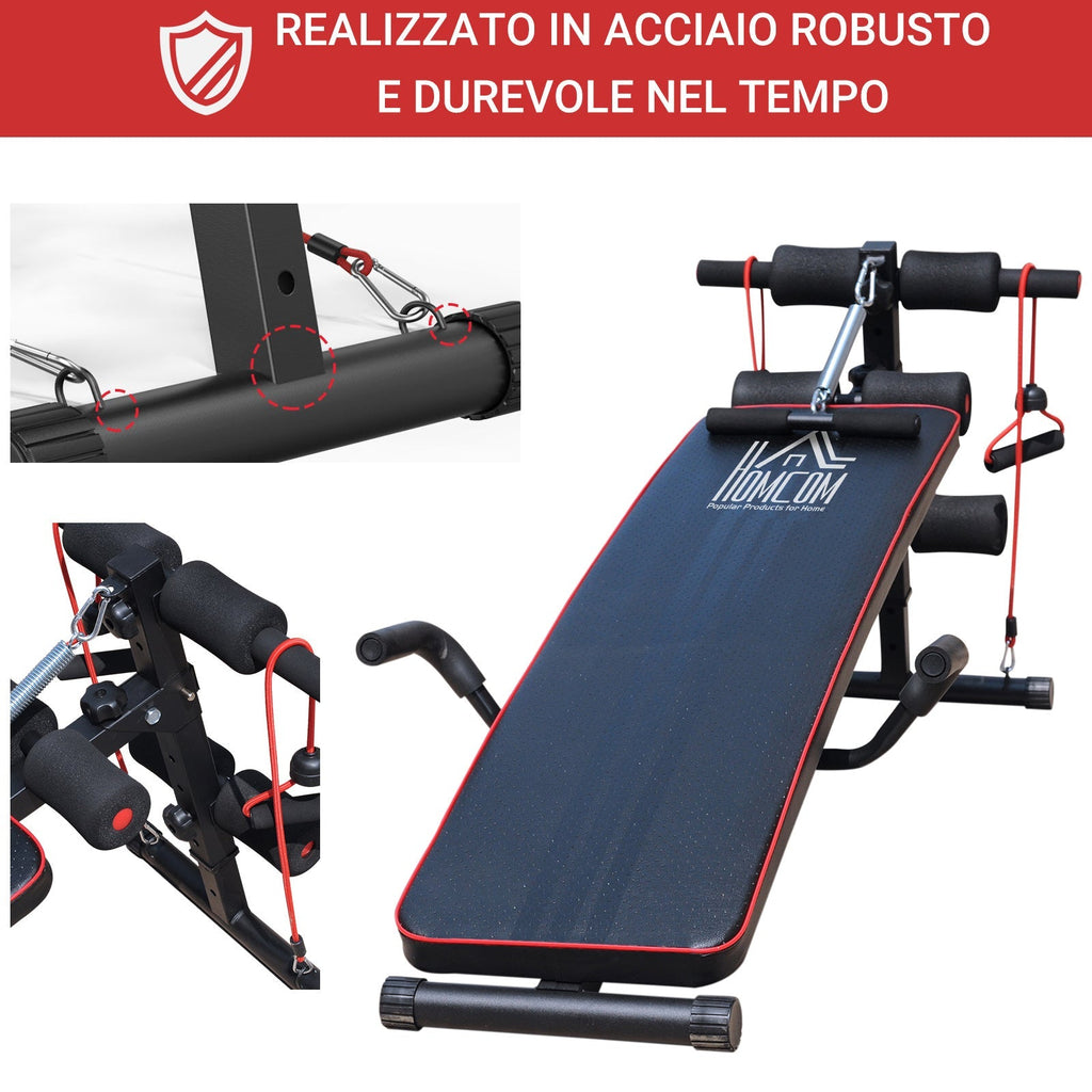 Multifunction bench for training at home, abdominal bench tilt with spring voting and adjustable back and 2 elastic strings, 55.5 x 137.5 cm black - Borge' Group Limited