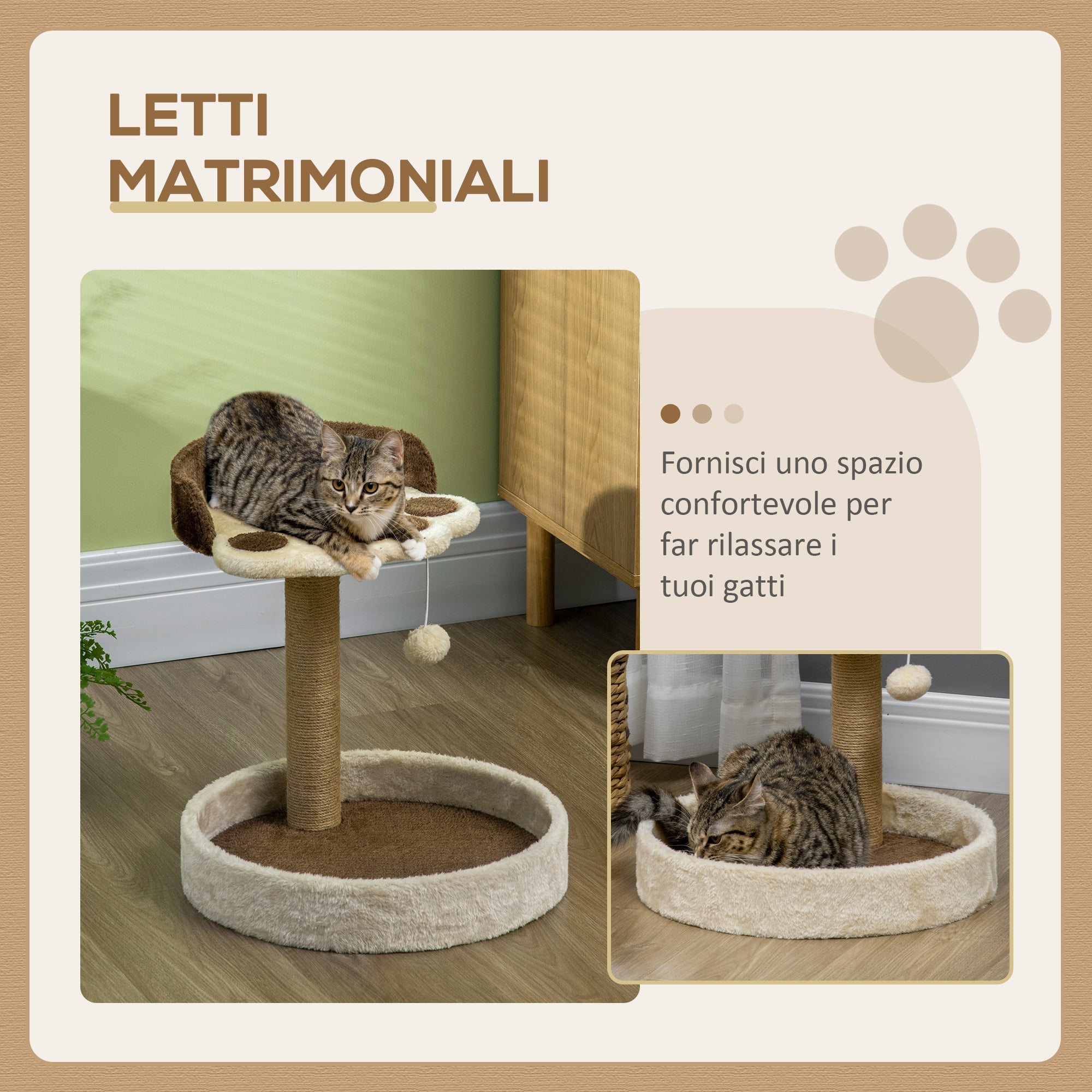 Cat Scratching Pole for Cats up to 5kg with Bed and Play Ball, in Chipboard, Plush and Jute Rope, 41x41x44 cm - Borge' Group Limited