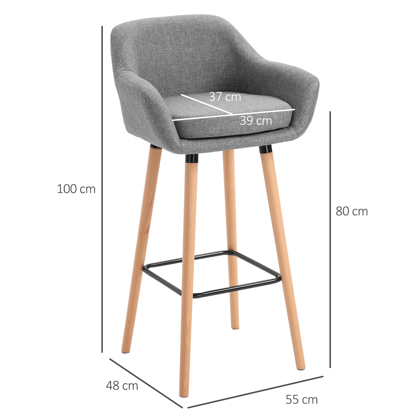 set of 2 modern bar stools with pillow, wooden legs and Grey fabric covering - Borgè