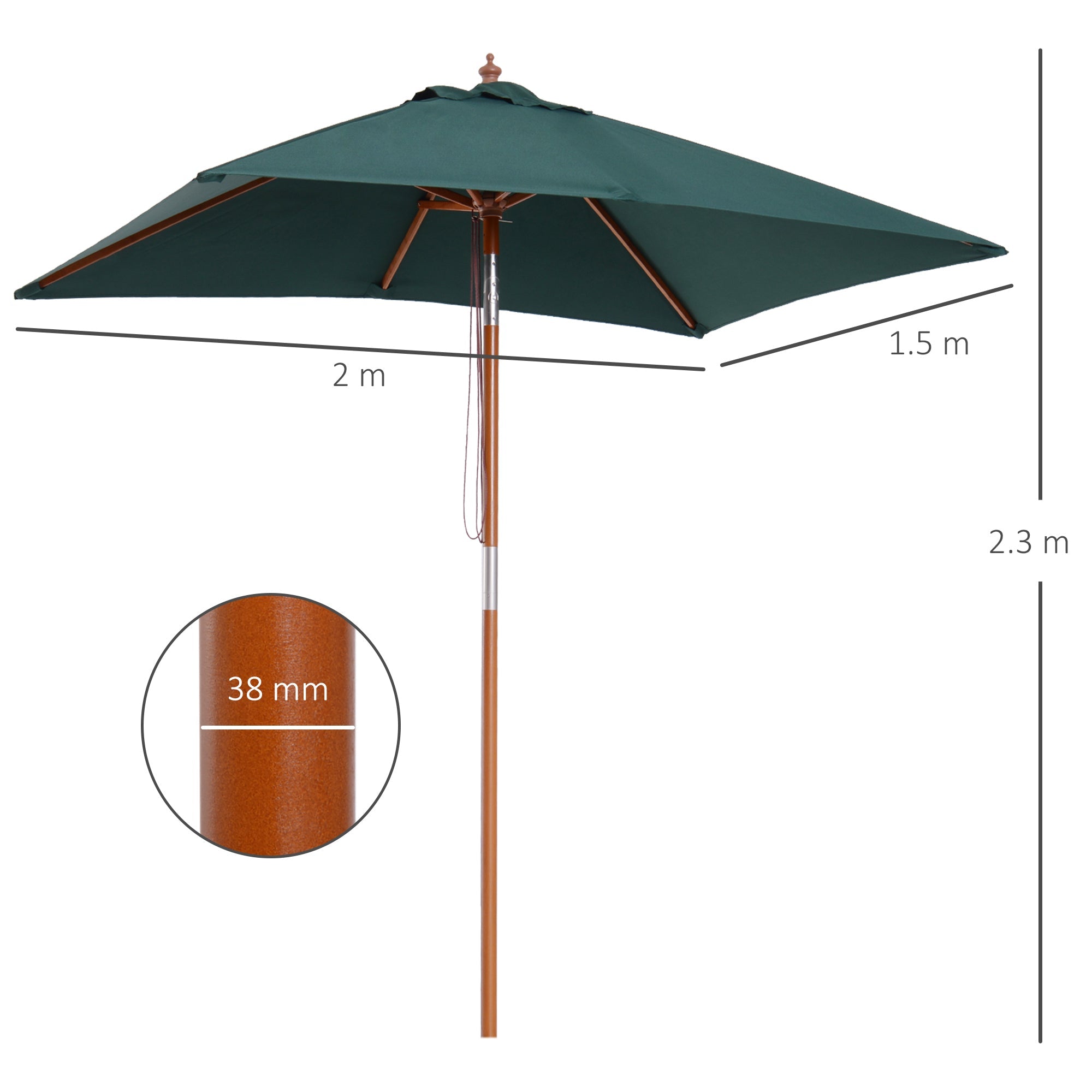 Tilting Garden Umbrella 2x1.5m with 6 Ribs, Wooden Pole and Rope Opening, Green - Borge' Group Limited