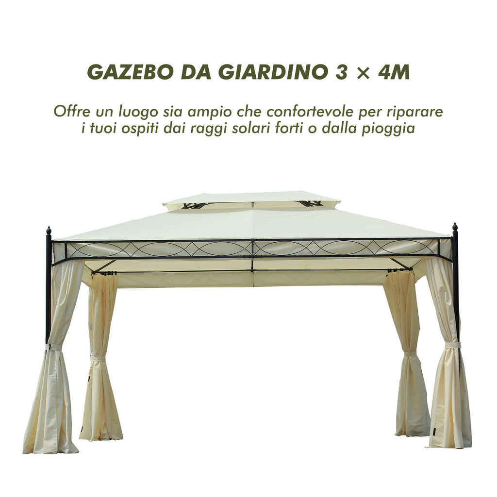 3x4m Steel Garden Gazebo with Double Roof and 4 Side Awnings, Cream - Borge' Group Limited