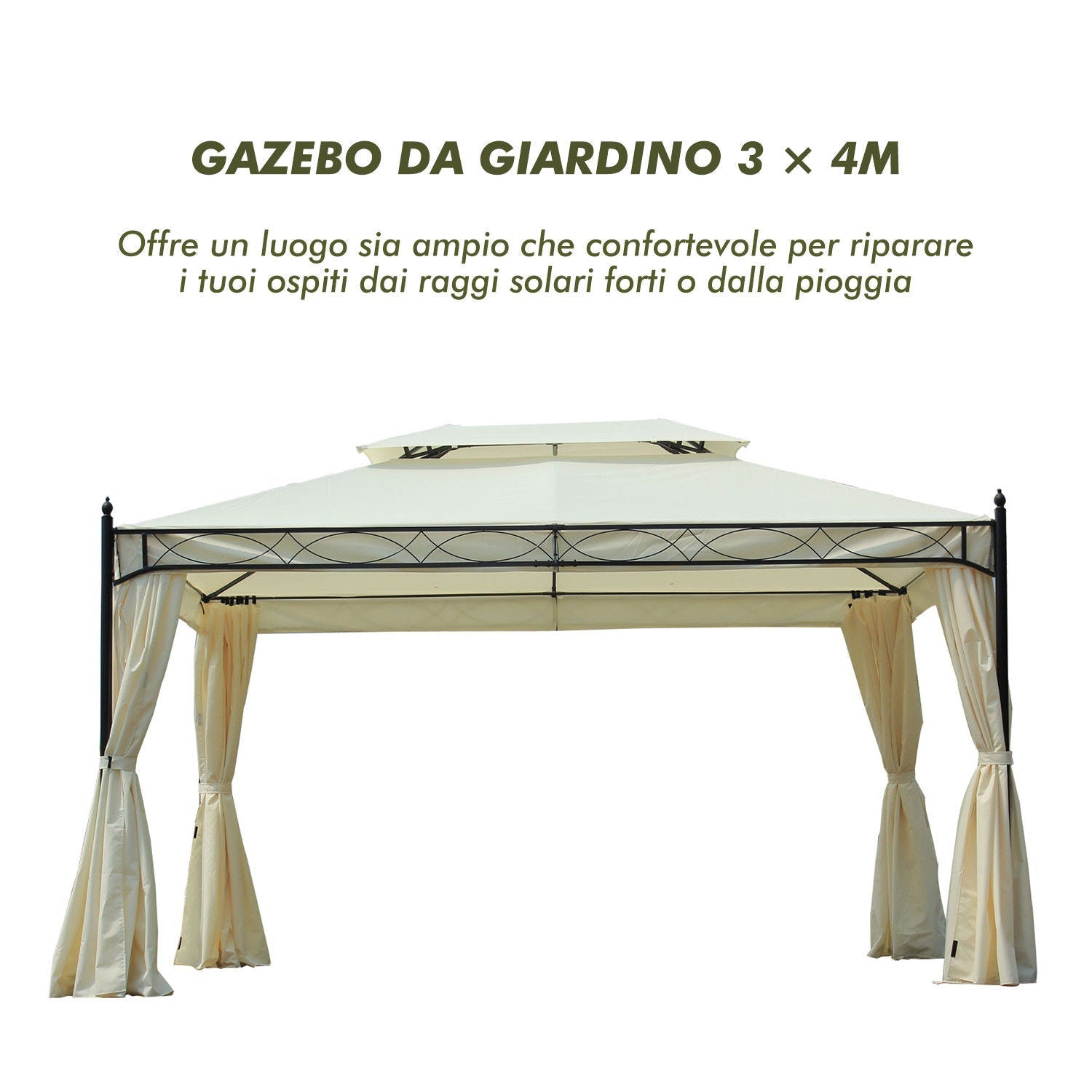 3x4m Steel Garden Gazebo with Double Roof and 4 Side Awnings, Cream - Borge' Group Limited