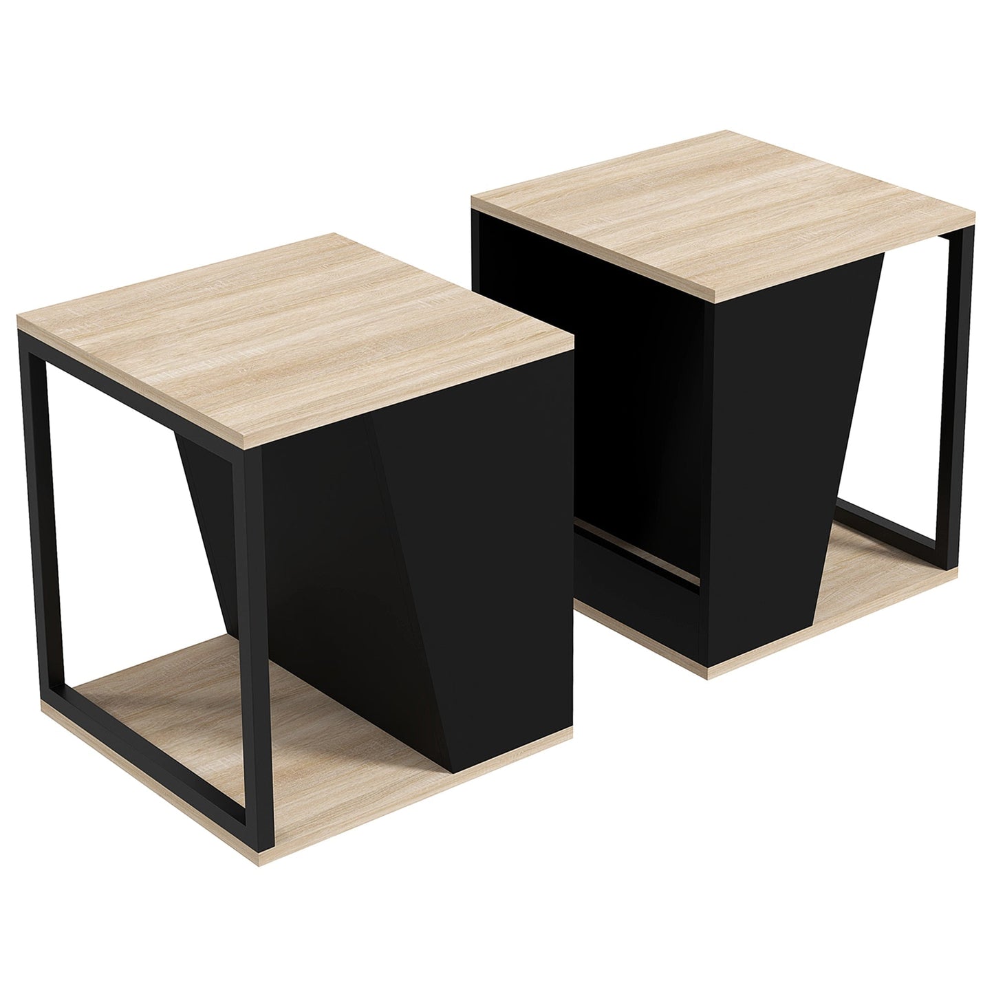 Set of 2 Coffee Tables with Storage Compartment in Chipboard and Steel, 40x40x45cm, Black and Oak - Borgè