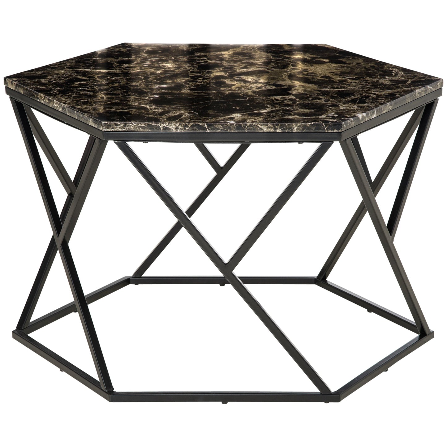 Modern Living Room Table with Marble Effect and MDF and steel structure, 81x70x51.2 cm, Black - Borgè