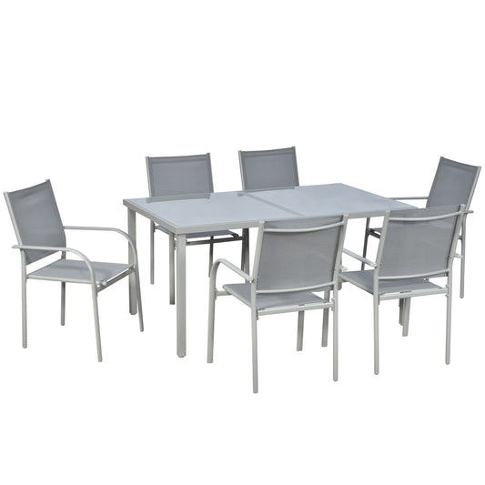 Outsunny garden set with tempered glass table and 6 chairs with mesh fabric, Grey - Borgè