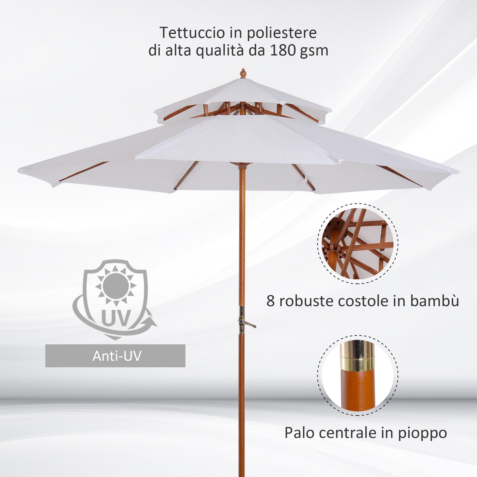 Outsunny garden umbrella wooden terrace with double waterproof roof, cream, φ2.7 × 2.6m - Borgè