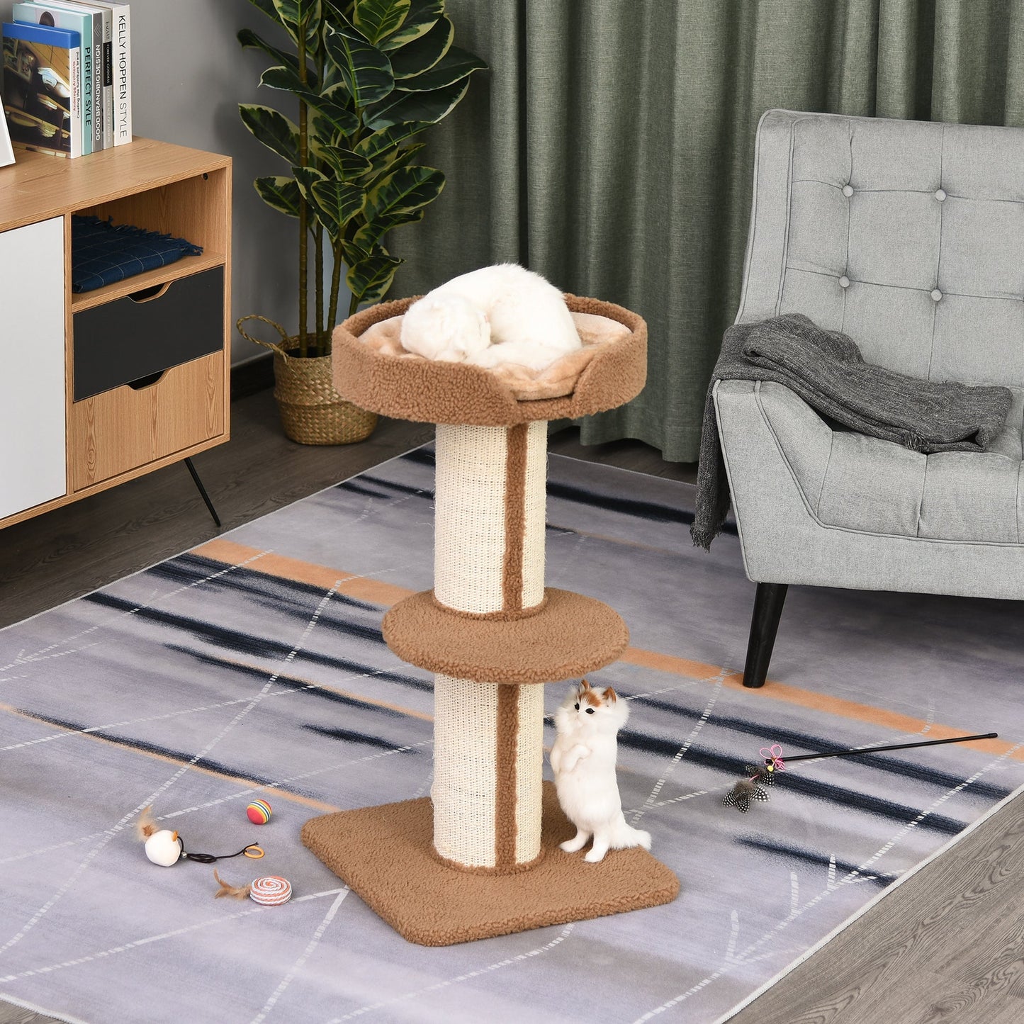 Cat Tree for cats with Scratch Pole with Bed, pillow, and soft coating- brown - Borgè