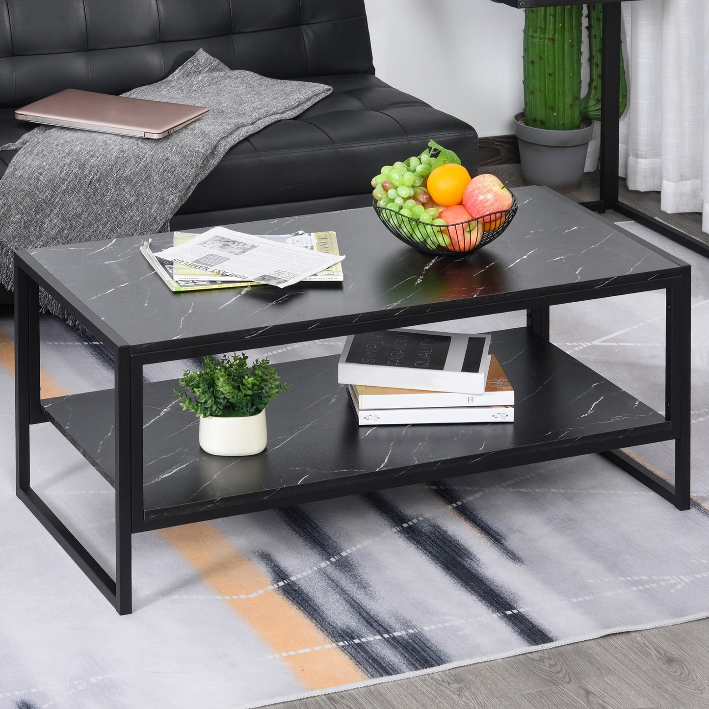 MALORCA | Black Marble Effect Coffee Table with Lower Shelf for Living Room or Office, 106x50x45cm - Borgè