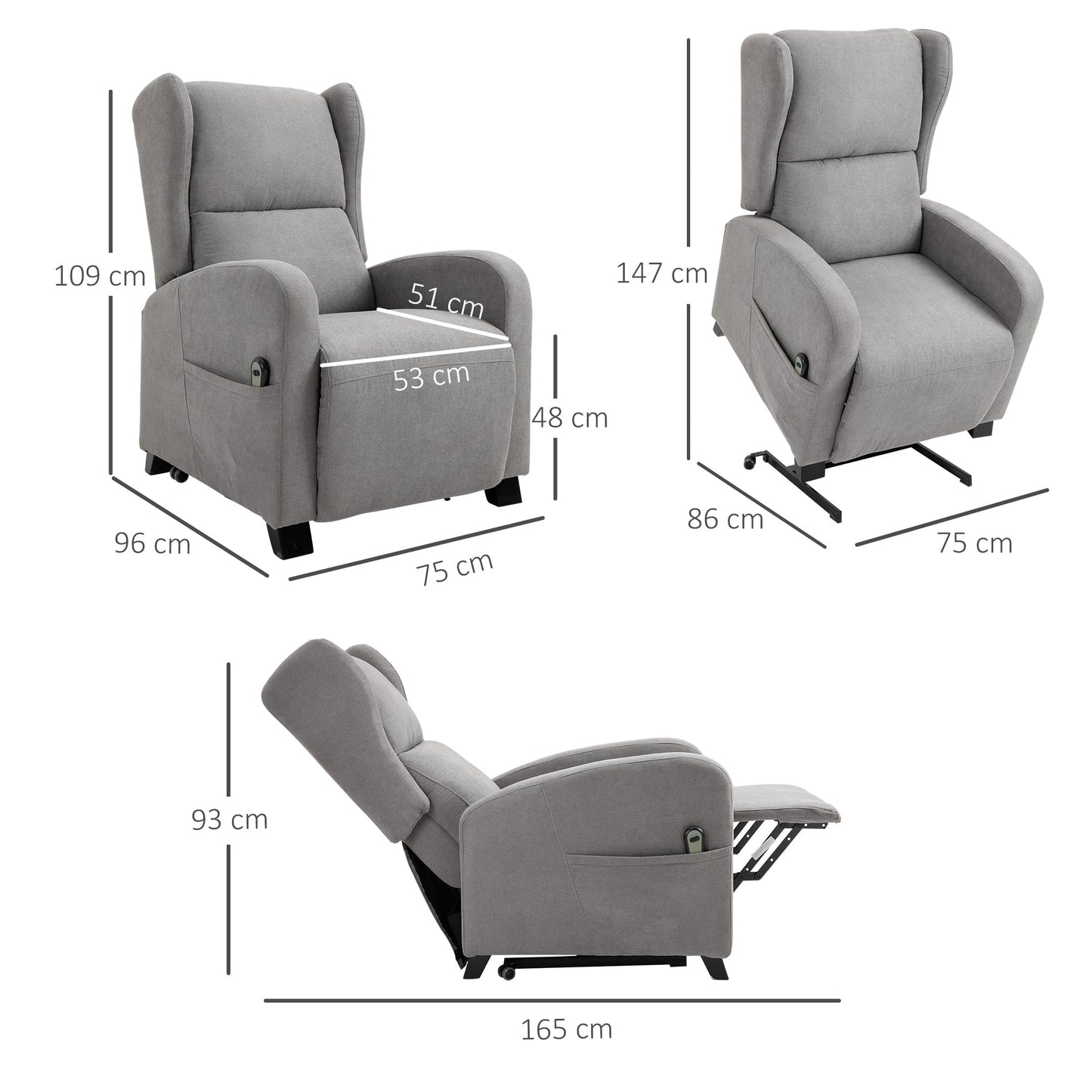 Reclinable Grey Armchair with Lift Assist, remote control and wheels - Borgè