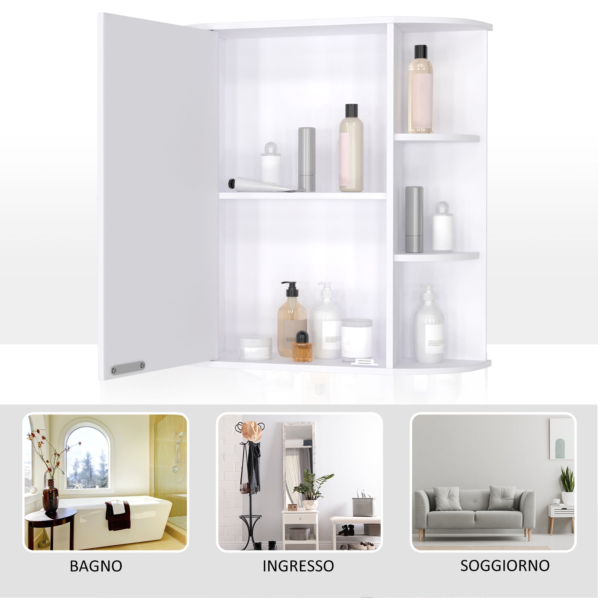 Wall cabinet with mirror and shelves for white wooden bathroom 66 x 17 x 63 cm - Borgè