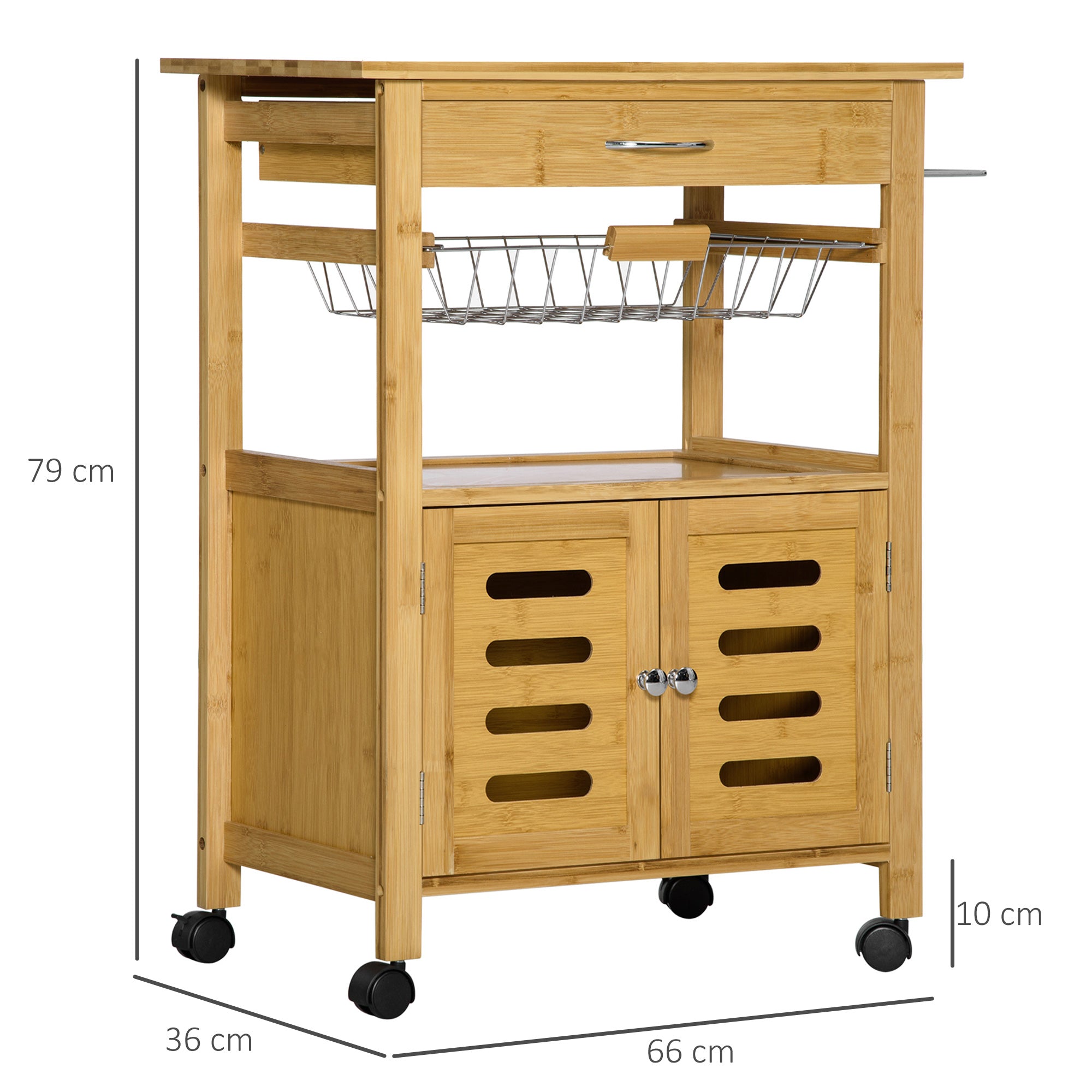 kitchen trolley with drawer, locker and removable wooden basket with swivel wheels, 66x36x79cm - Borgè