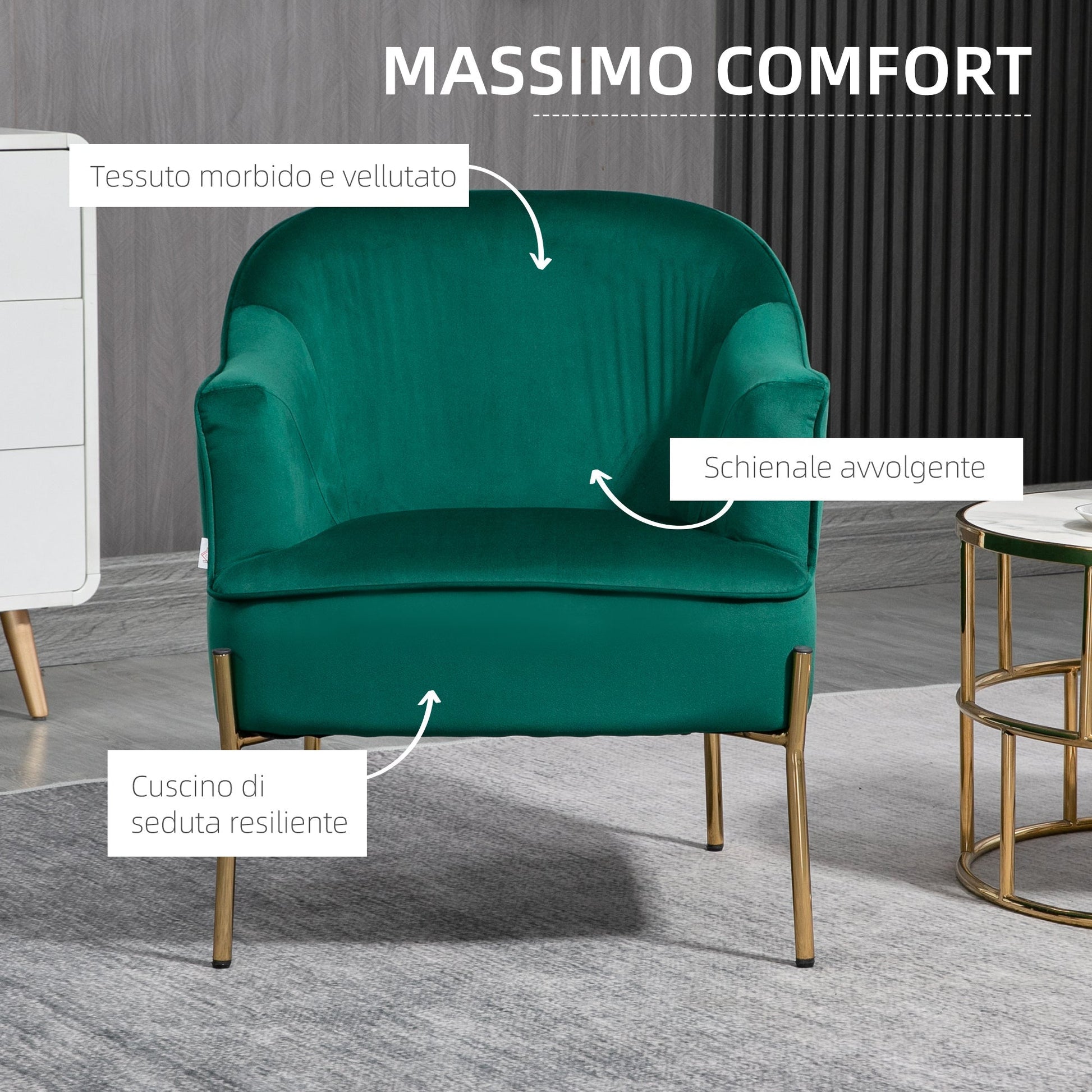 bedroom armchair in velvet effect fabric with steel legs, 62x69x75 cm, green - Borgè