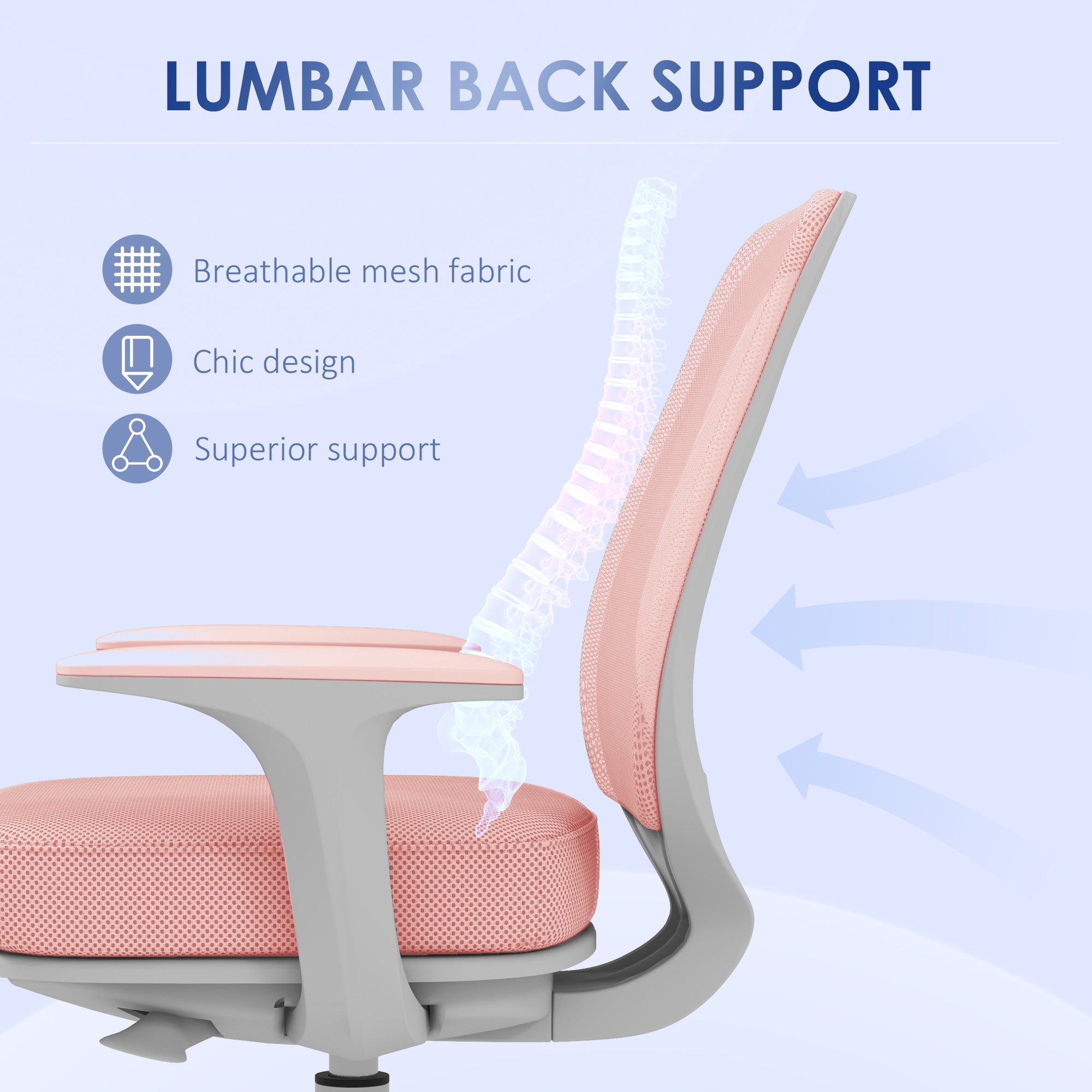 Ergonomic office chair and reclining at adjustable height with 5 wheels, 55x48x82.5-94.5 cm, pink - Borgè