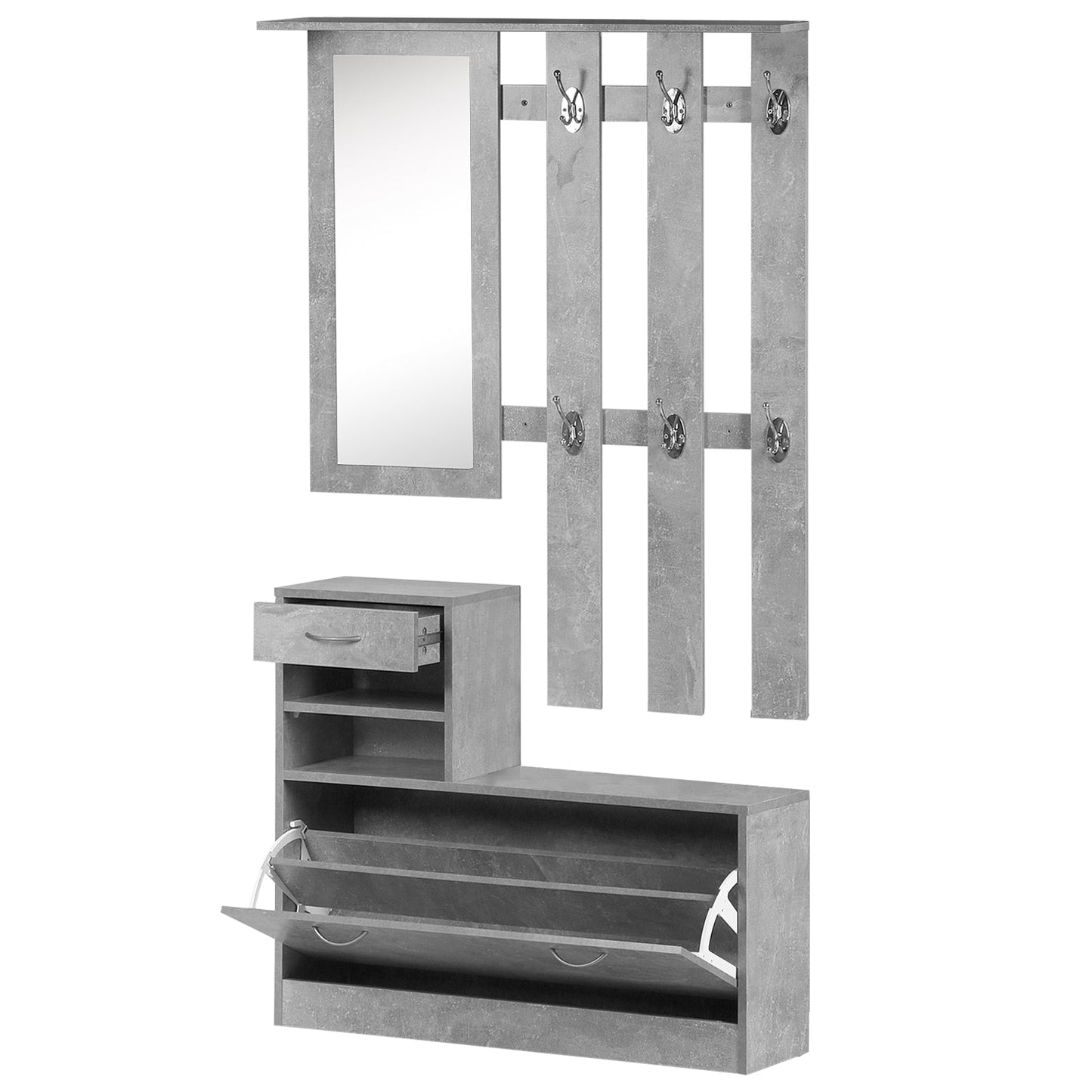 Mobile wardrobe for entrance with hanger mirror and adjustable boot, concrete Grey, 90x22x116 cm - Borgè