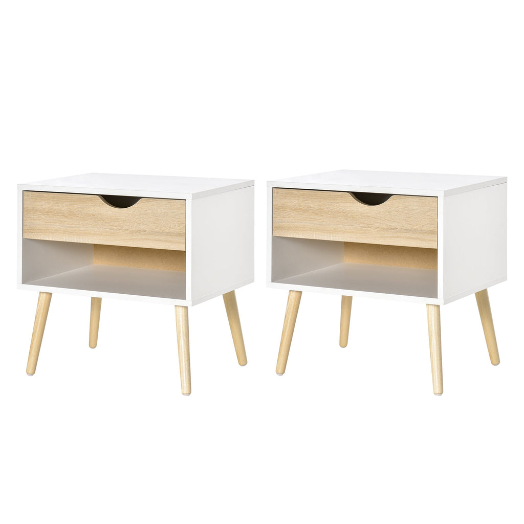 Homcom set of 2 bedside tables with drawer and shelf, raised base and wooden legs, 50x39x51cm, white and oak - Borgè