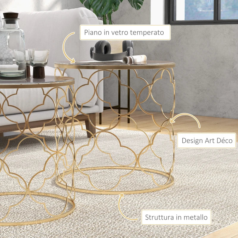 MYKONNOS | Set of 2 Coffee Tables Art Decorated in Gold Metal - Borgè