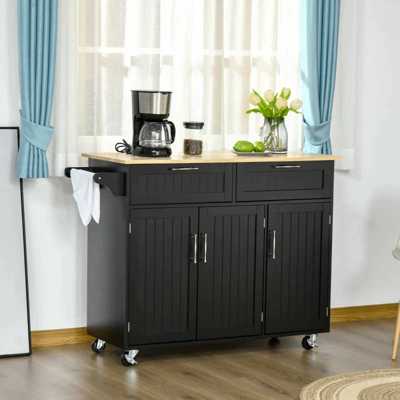 VERA | Wooden Kitchen Trolley with 2 Drawers, 3 Door Cabinet and 4 Wheels, 121x46x91cm, Black - Borgè